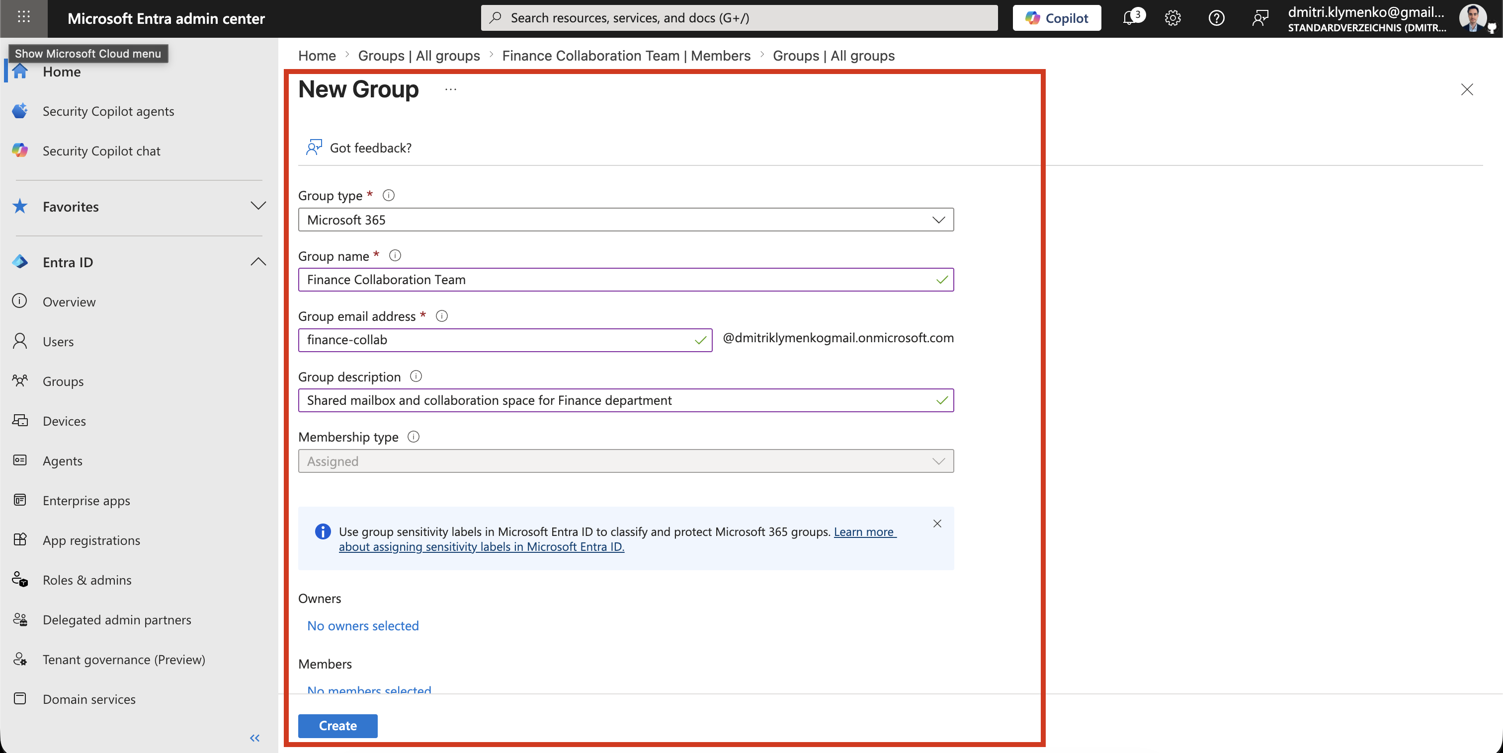 Microsoft 365 Group-Erstellungsformular mit Gruppentyp, Name, E-Mail-Adresse und Beschreibung