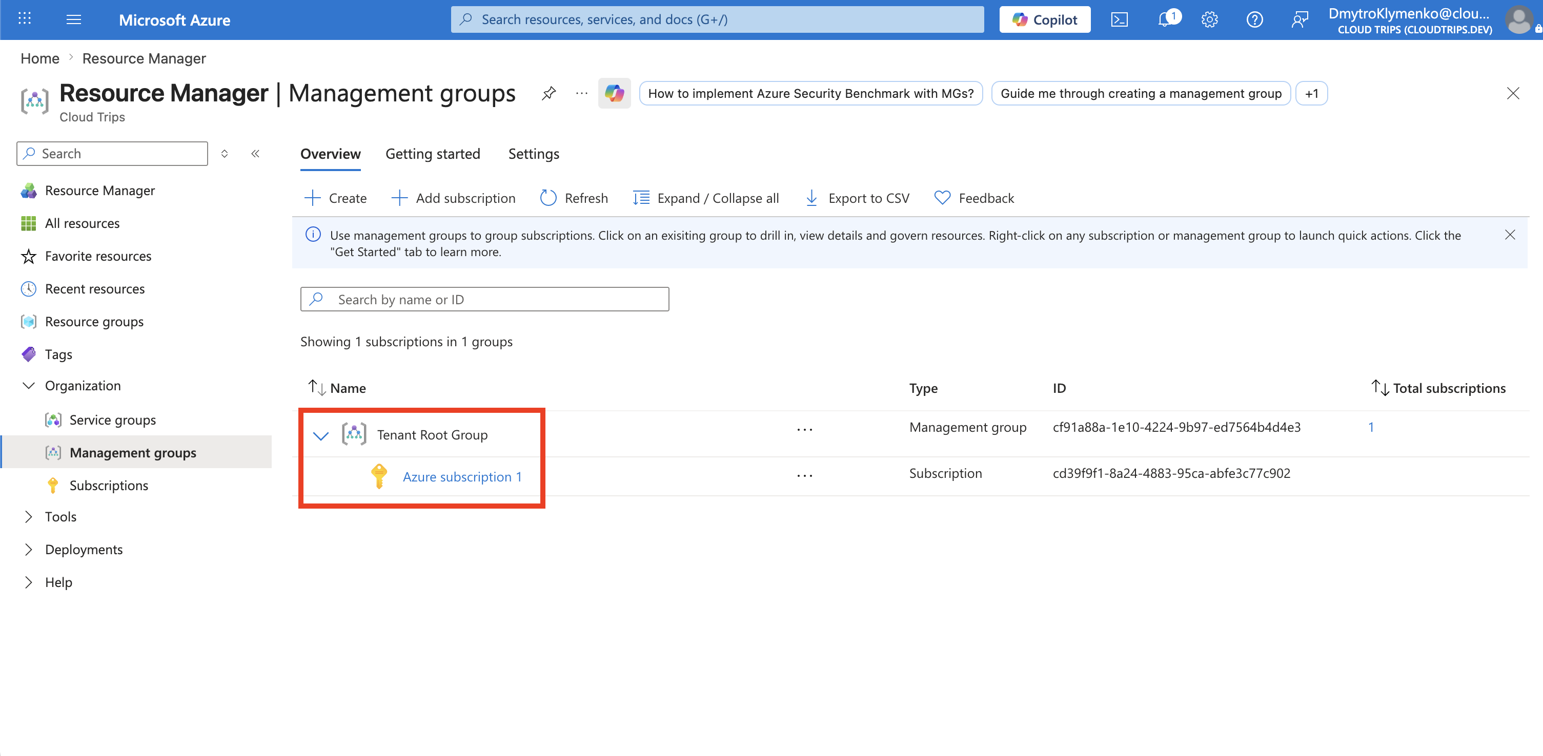 Azure Management groups hierarchy page showing the tenant root group