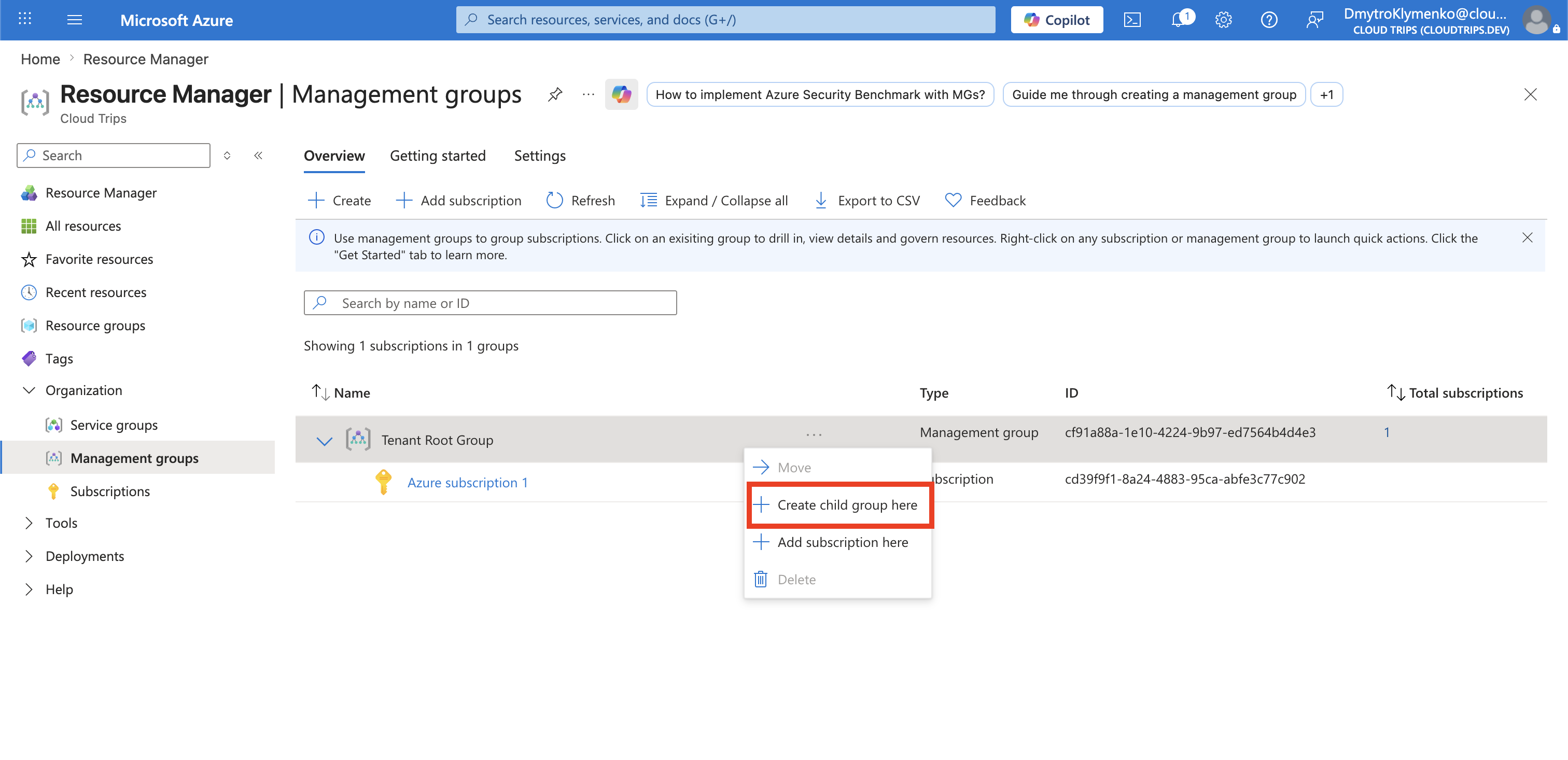 Management groups page with the Add management group action visible