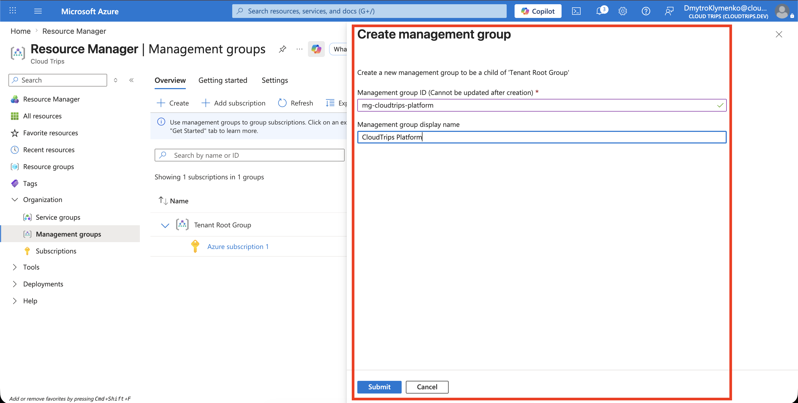 Add management group form with the CloudTrips management group ID and display name