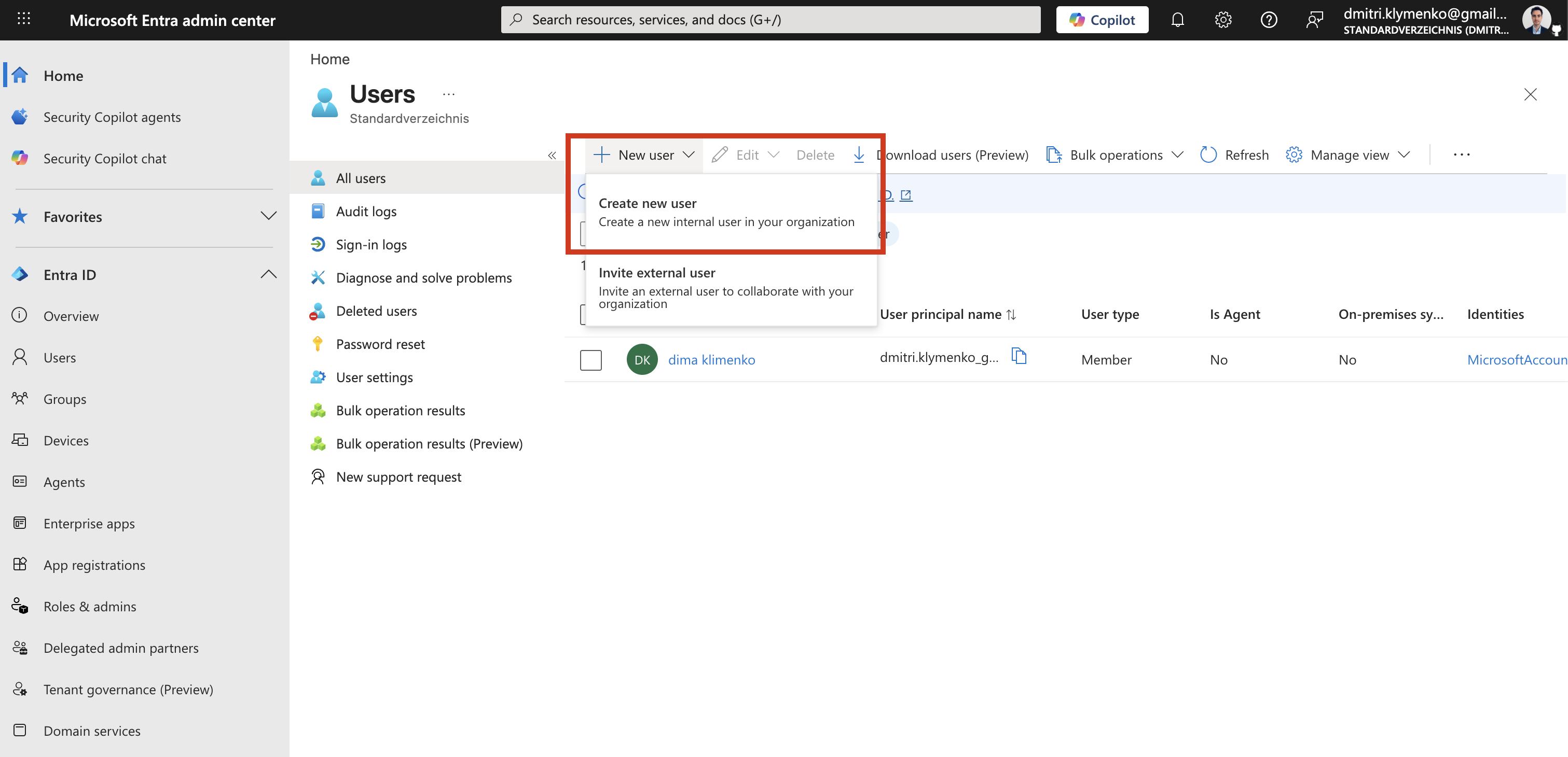 Microsoft Entra Users page with the New user menu and Create new user option highlighted