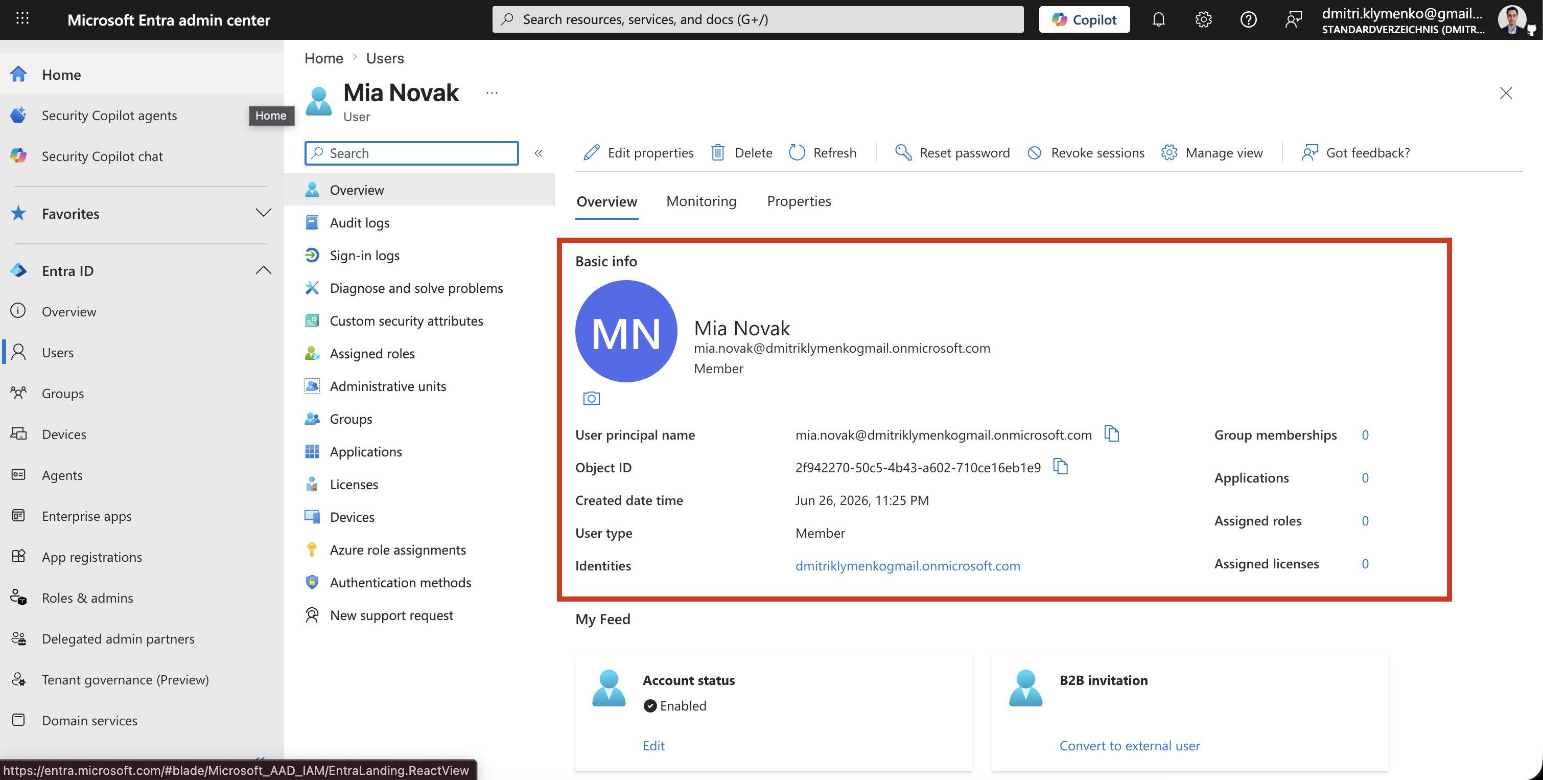 Microsoft Entra user profile page for the newly created user
