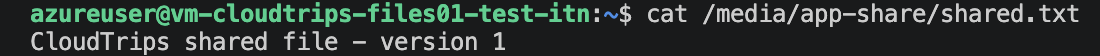 Linux terminal showing version 1 restored from the Azure Files snapshot