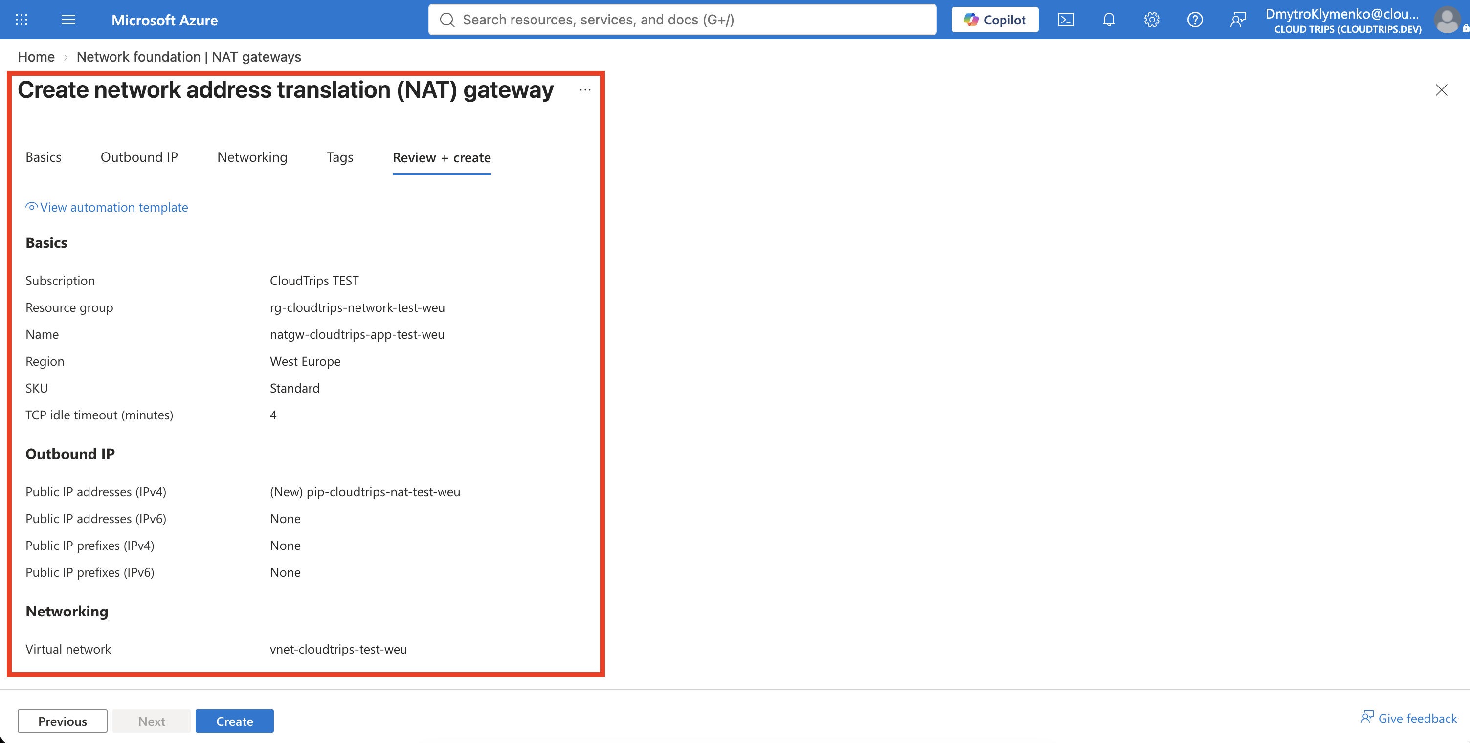 Seite zur Erstellung des NAT Gateways mit eigener ausgehender öffentlicher IP und Zuordnung zu snet-app