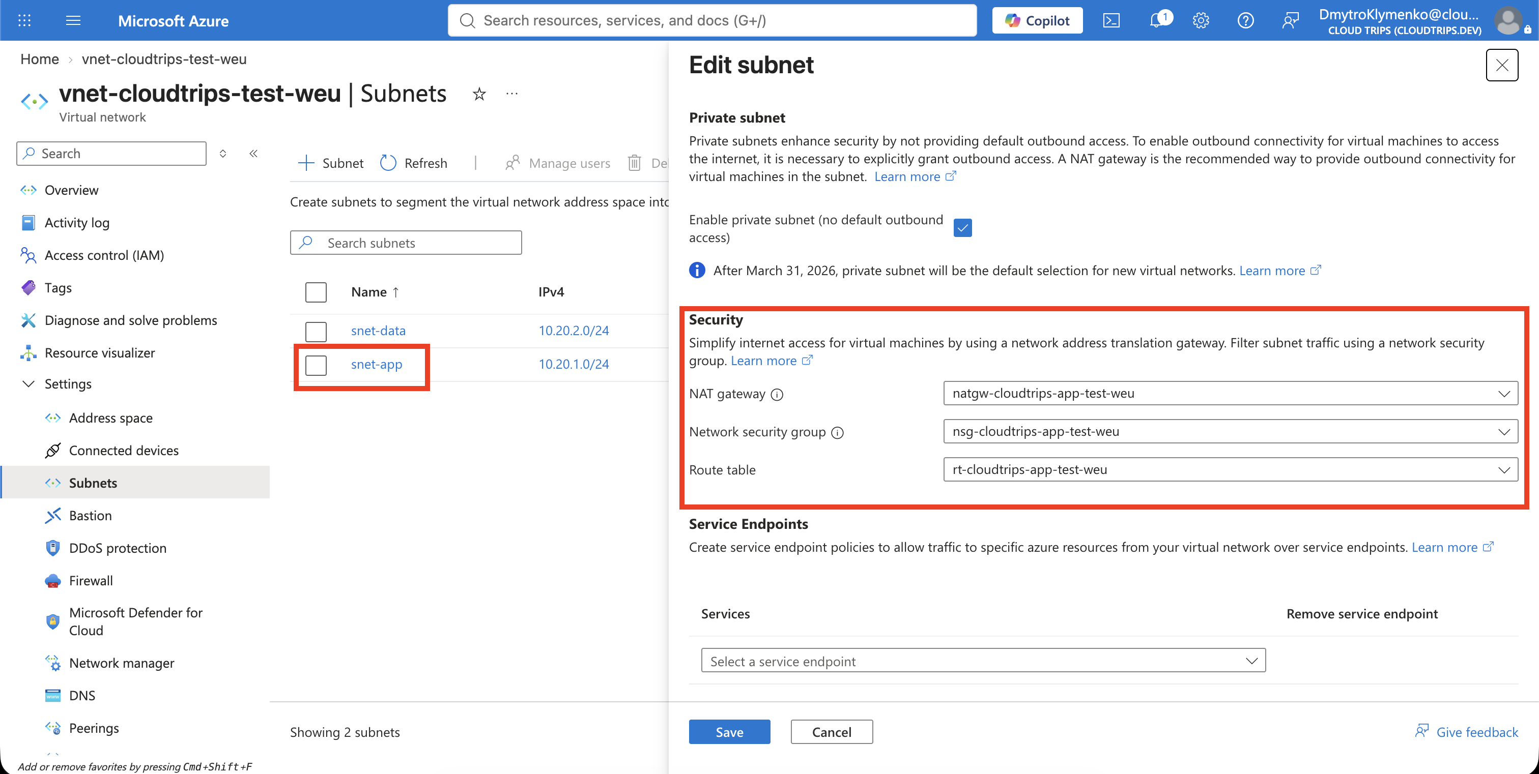 CloudTrips-Anwendungssubnetz mit natgw-cloudtrips-app-test-weu als NAT Gateway
