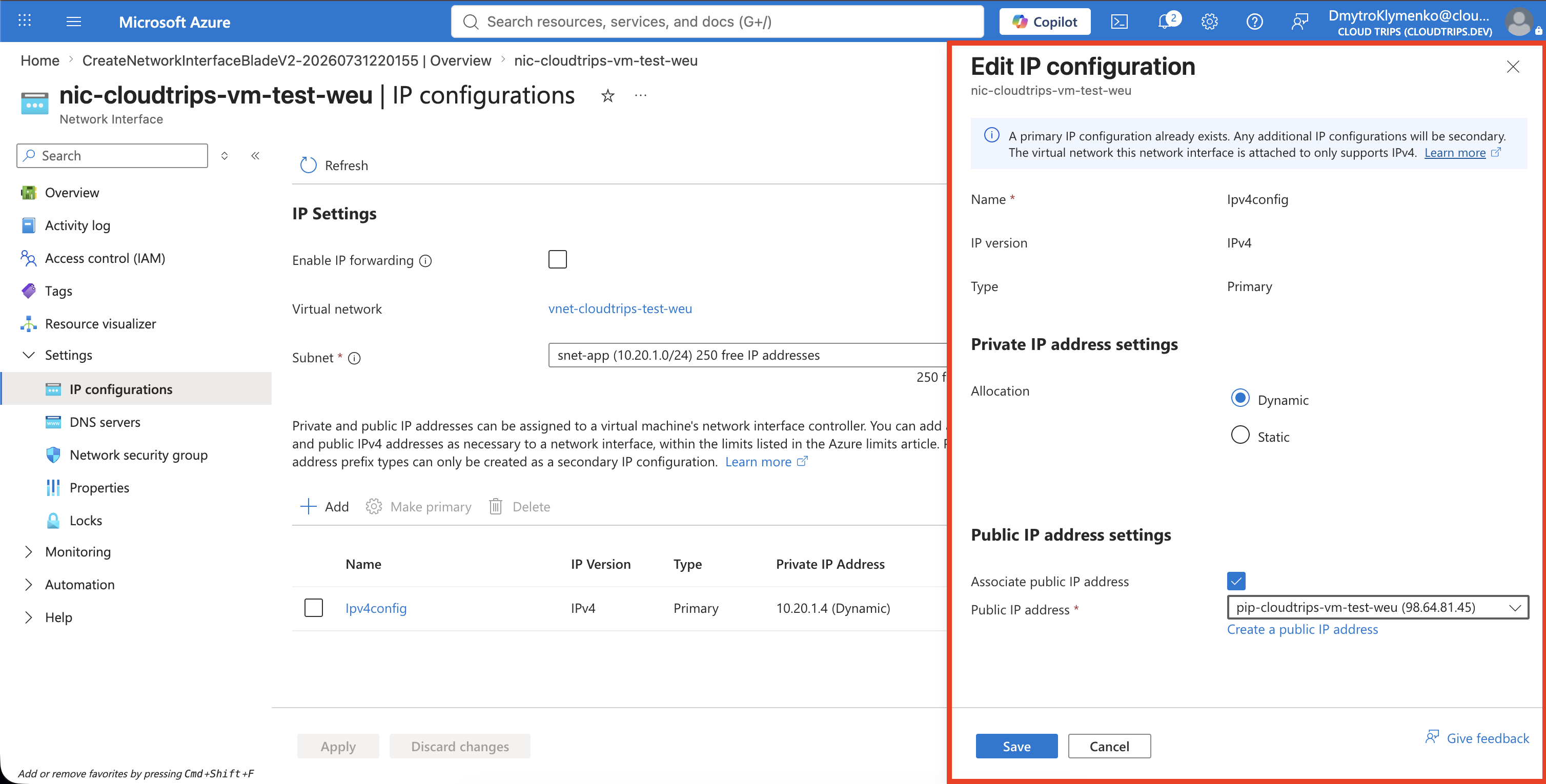 NIC-Einstellungen von ipconfig1 mit Zuordnung der vorhandenen öffentlichen CloudTrips-IP