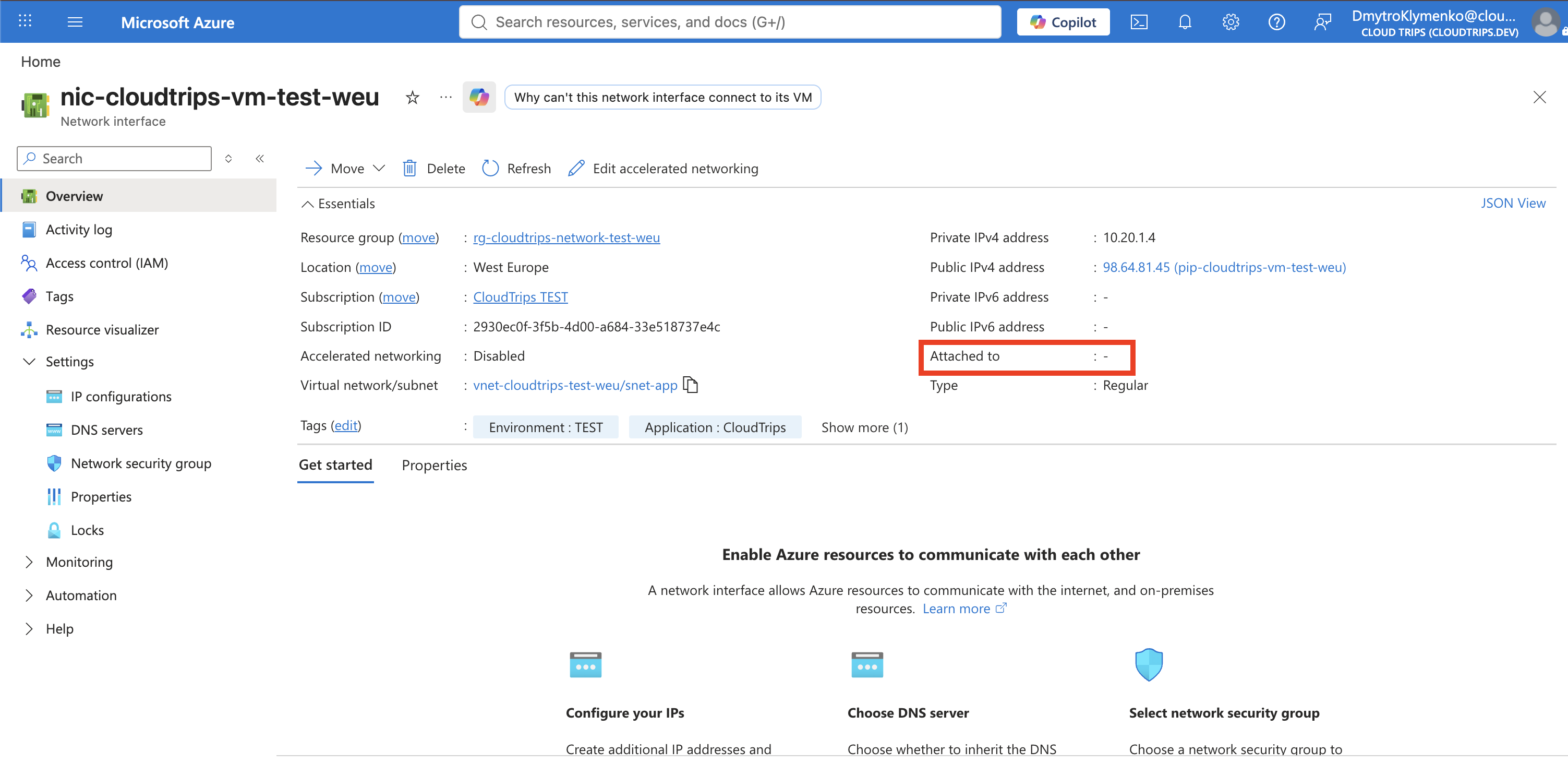 CloudTrips-NIC-Übersicht mit privater Adresse, öffentlicher IP-Zuordnung und nicht verbundenem Status