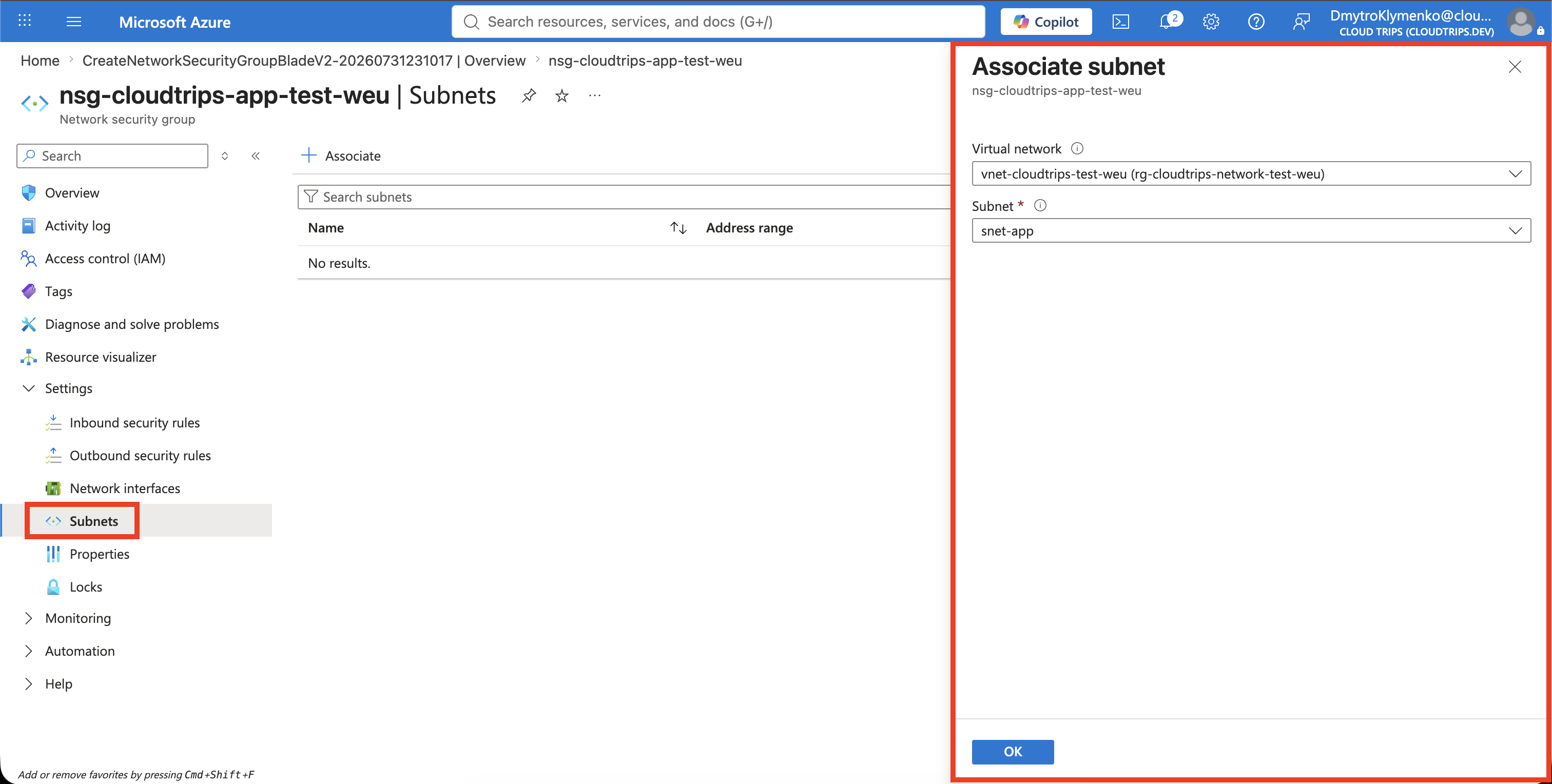 CloudTrips-NSG-Seite Subnets mit der Zuordnung zu snet-app