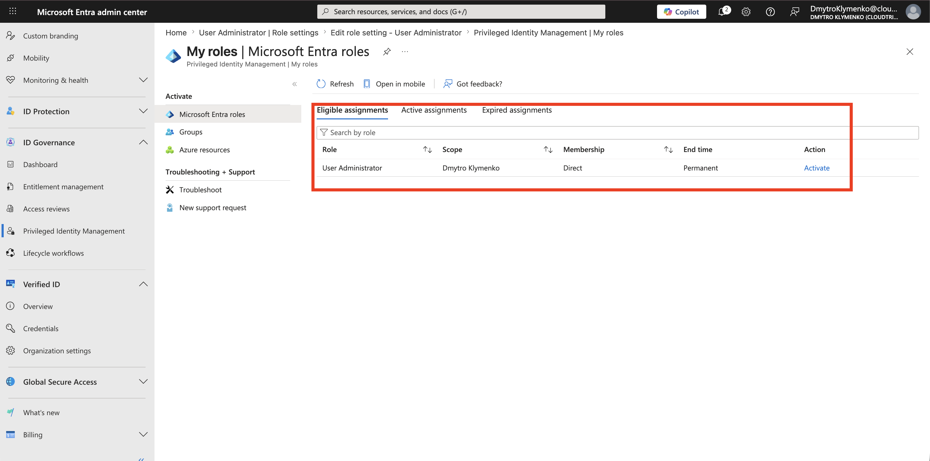 PIM My roles page showing an eligible role with Activate action