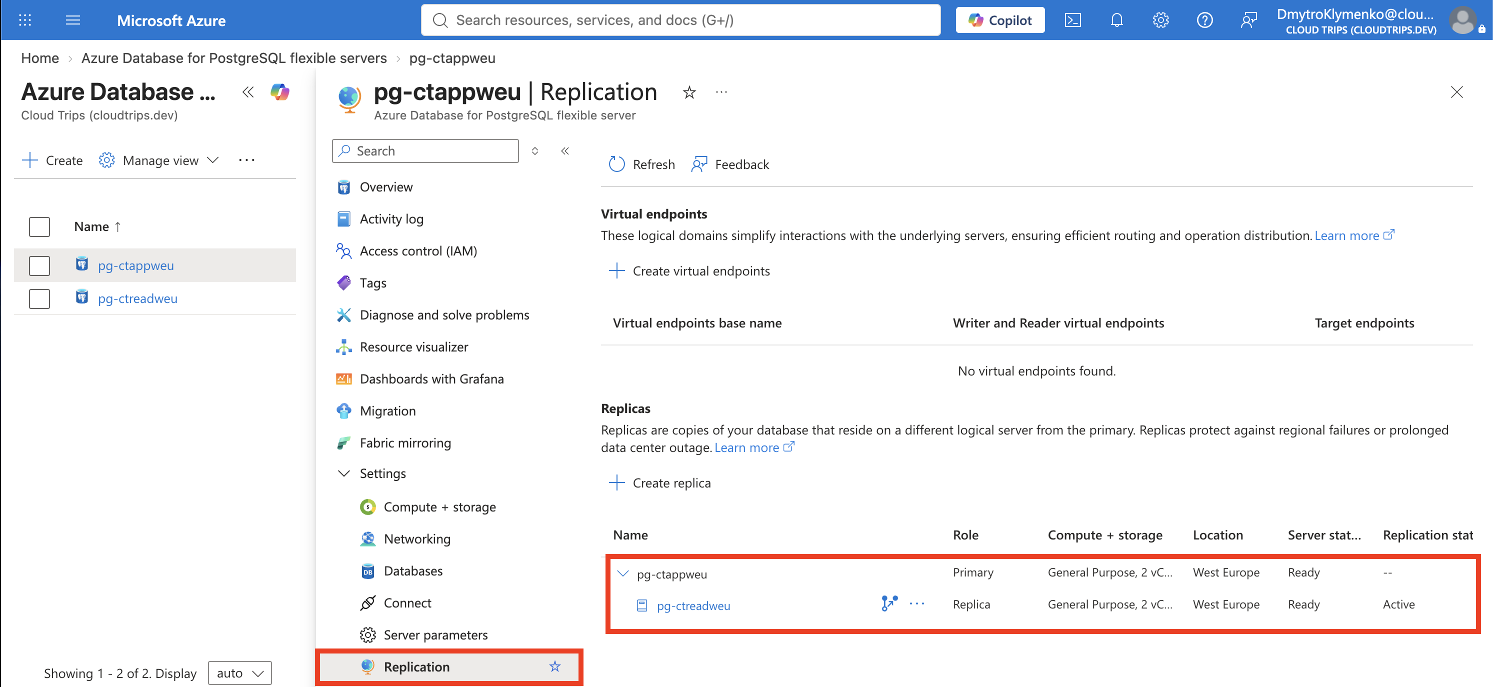 Replication page listing pg-ctreadweu as a read replica of pg-ctappweu