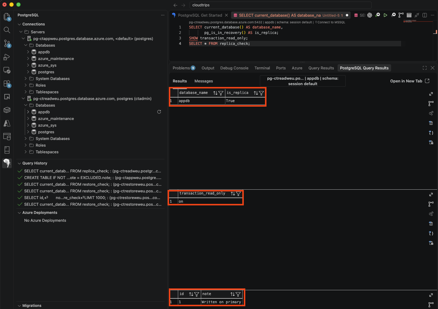 Query on pg-ctreadweu showing appdb, is_replica true, transaction_read_only on, and the replicated test row