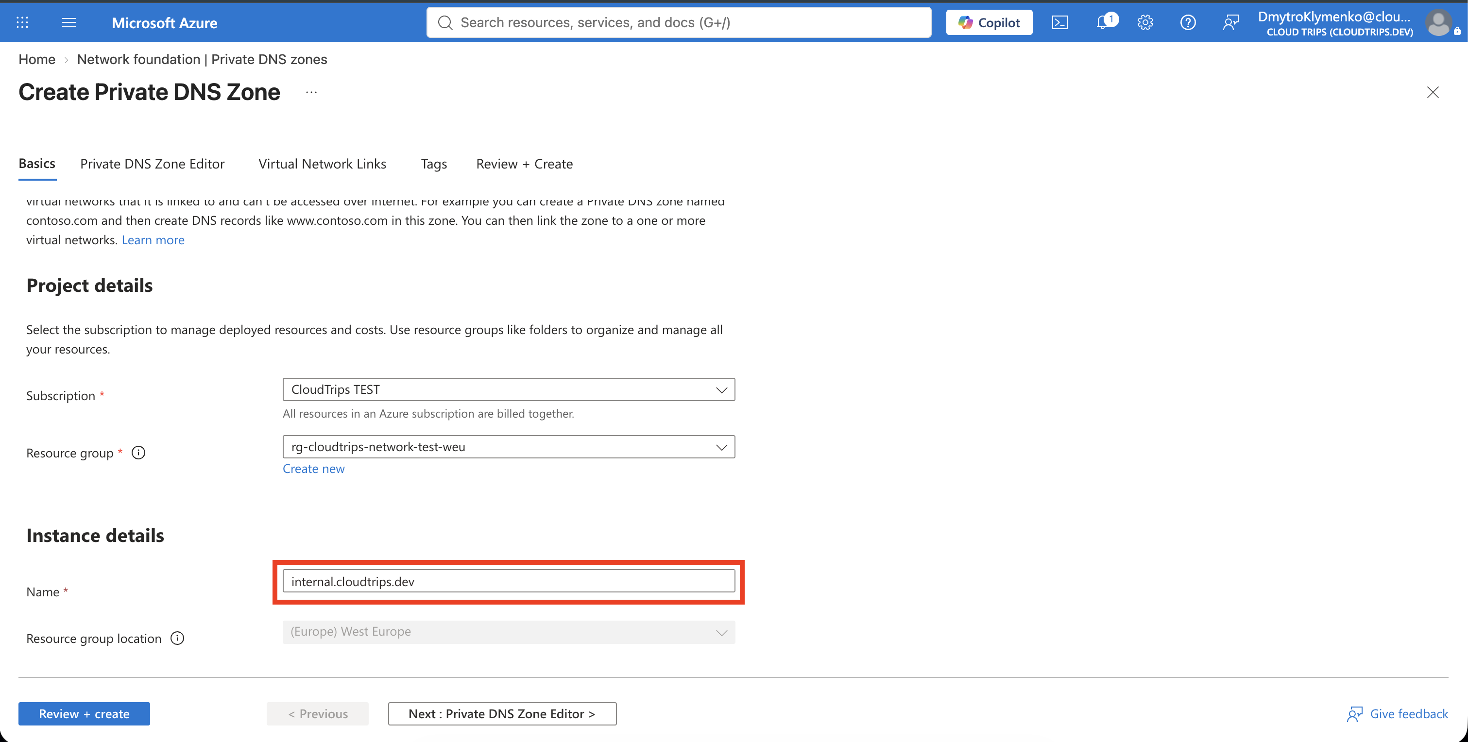 Azure-Portal-Seite zum Erstellen der Private-DNS-Zone internal.cloudtrips.dev