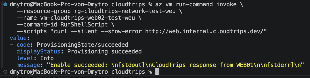 WEB02-Run-Command-Ausgabe mit der HTTP-Antwort von WEB01 über dessen privaten DNS-Namen