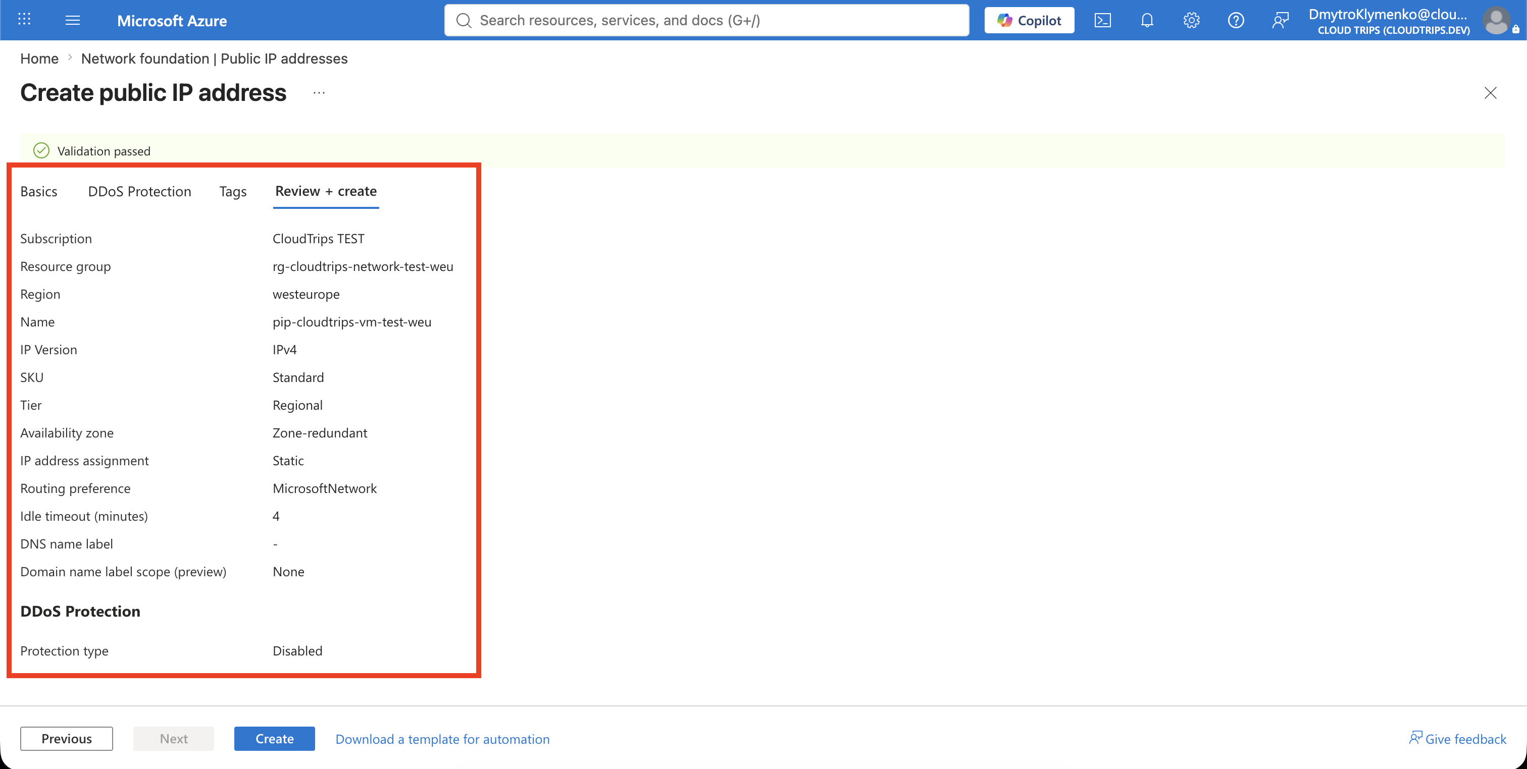 Create public IP address page showing the CloudTrips Standard static IPv4 configuration