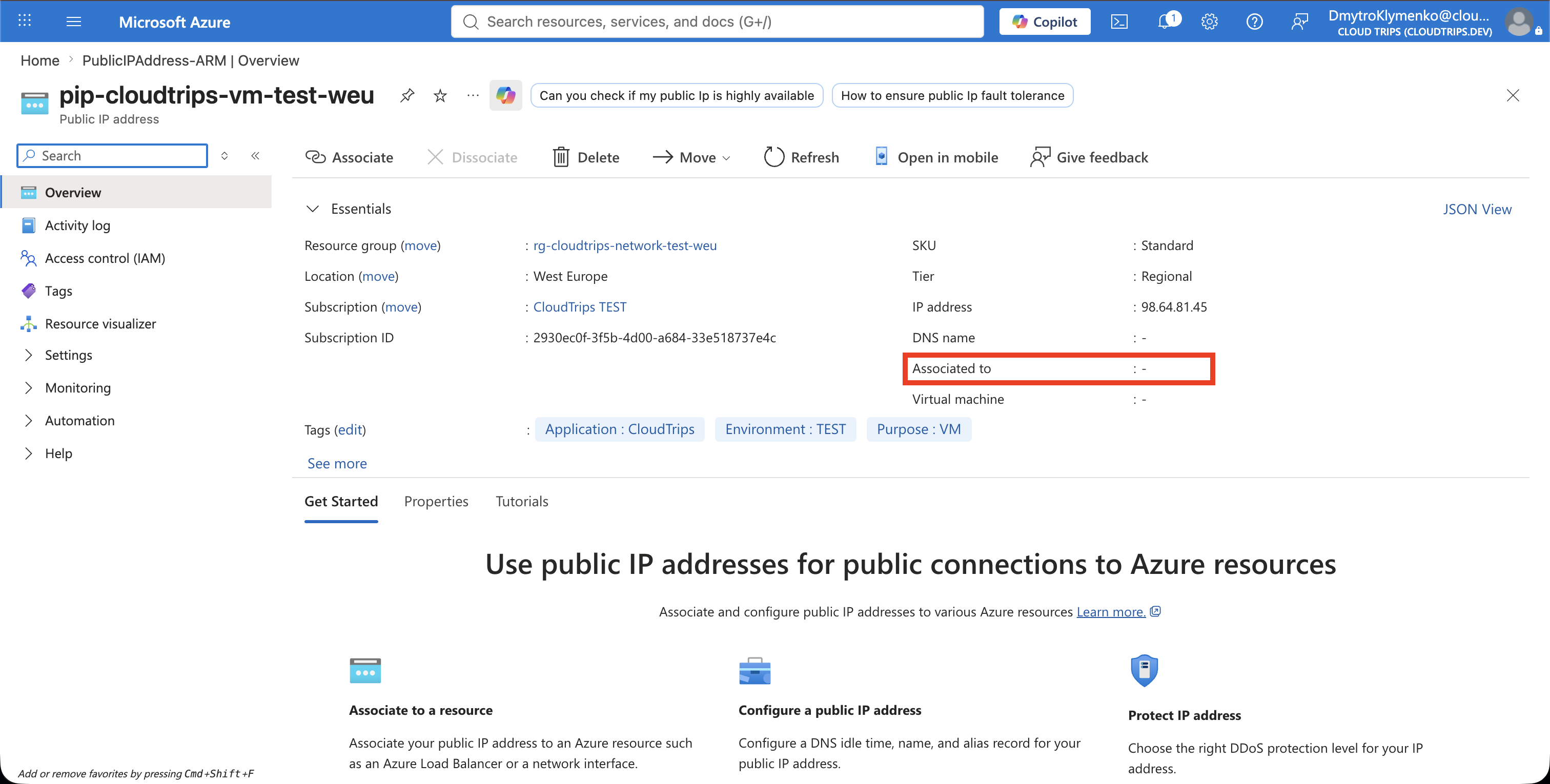 Created CloudTrips public IP overview showing the assigned address and Not associated status