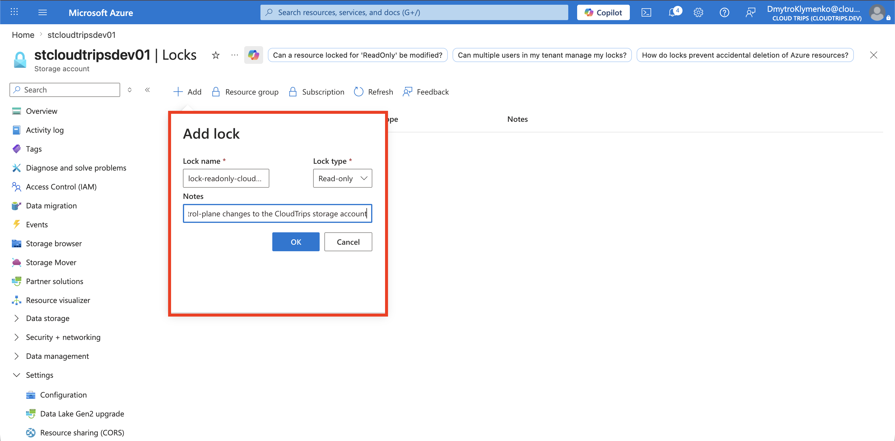 Add-lock-Formular mit einer Nur-Lesen-Sperre für CloudTrips