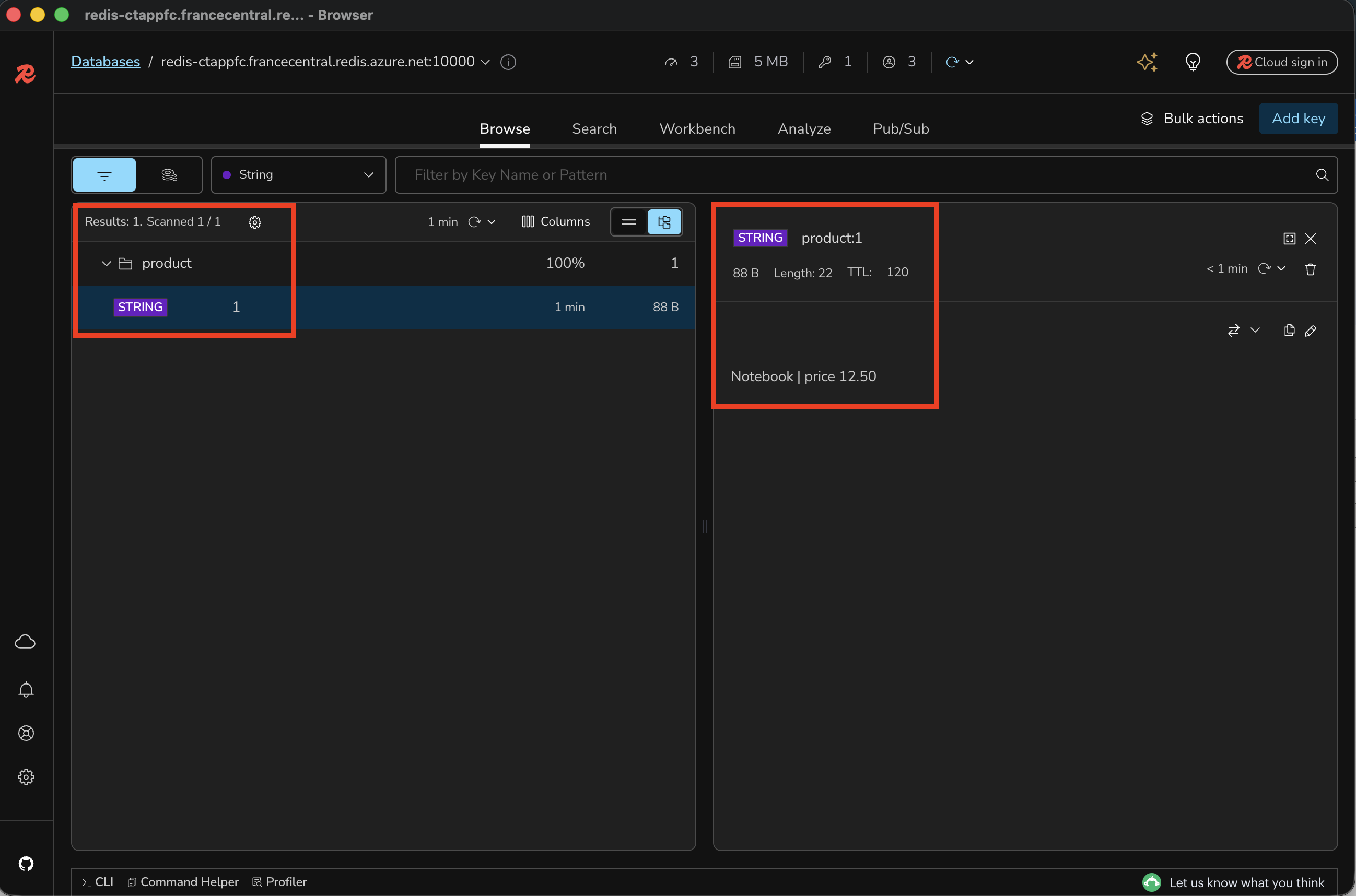 Redis Insight displaying the product:1 string value and its remaining TTL