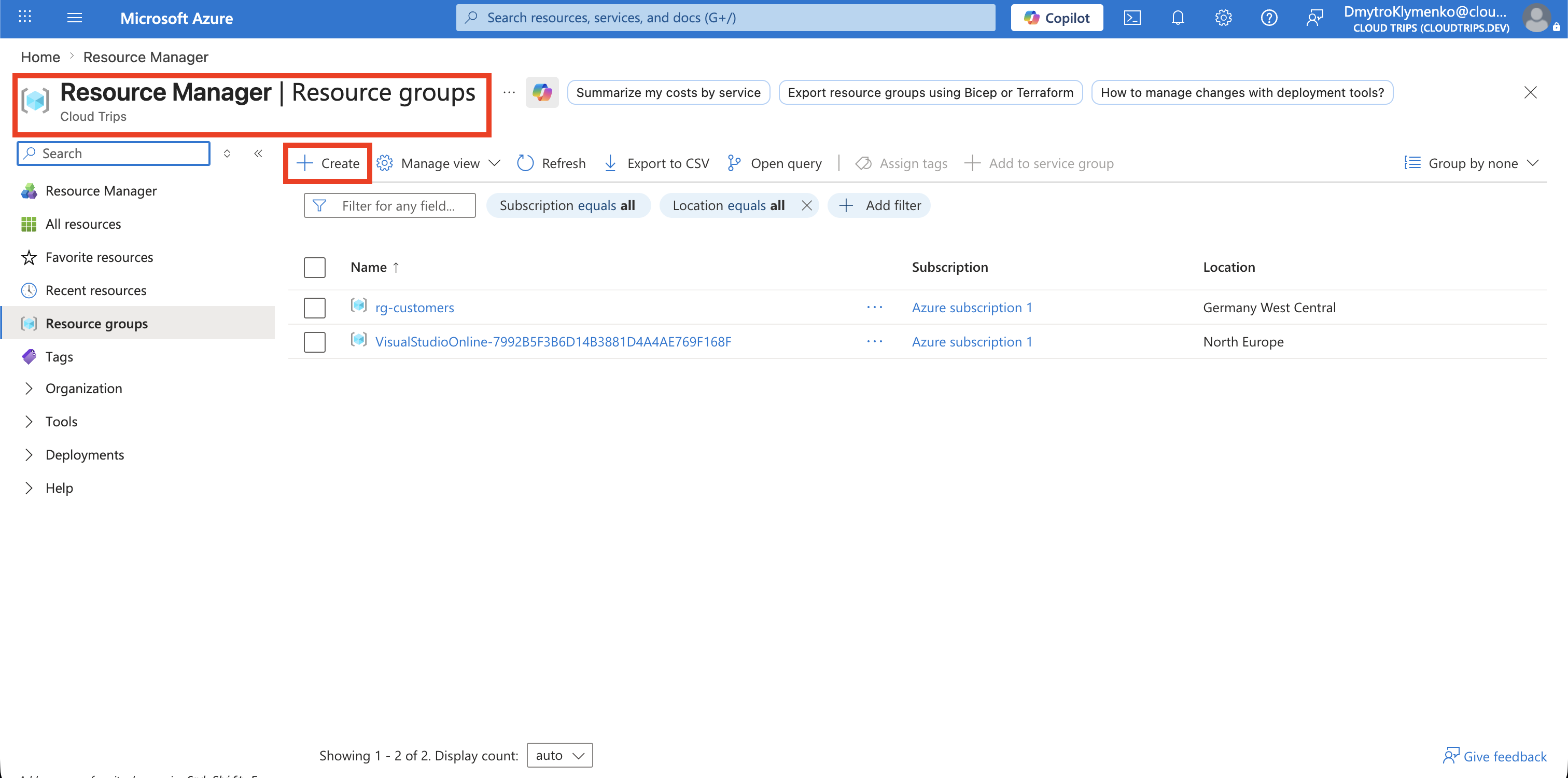 Azure Resource groups page with the Create action visible