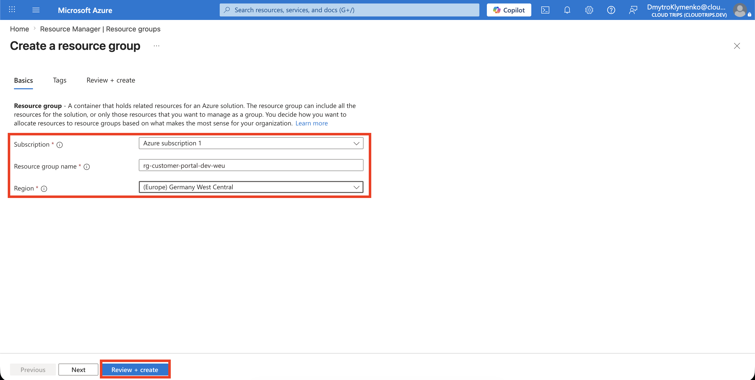 Create a resource group Basics tab showing the subscription, resource group name, and region