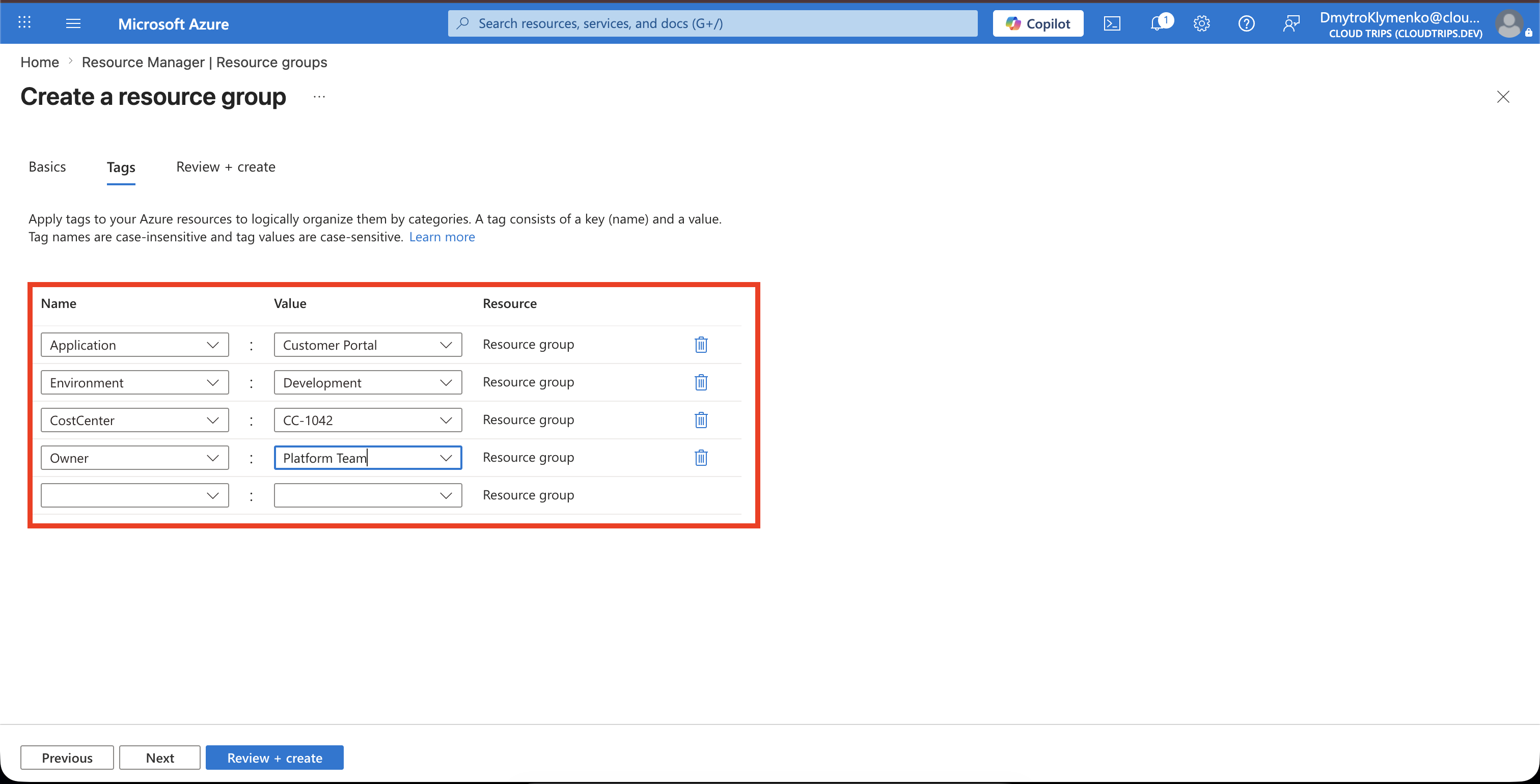 Created Azure resource group overview showing the project tags