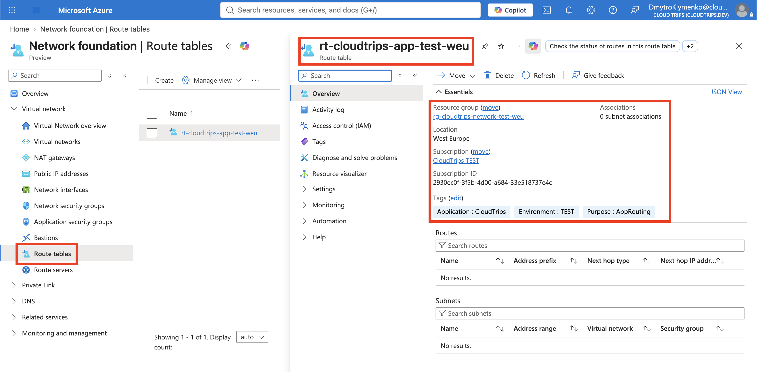 Seite zum Erstellen einer Routentabelle mit der CloudTrips-Anwendungsrouting-Konfiguration