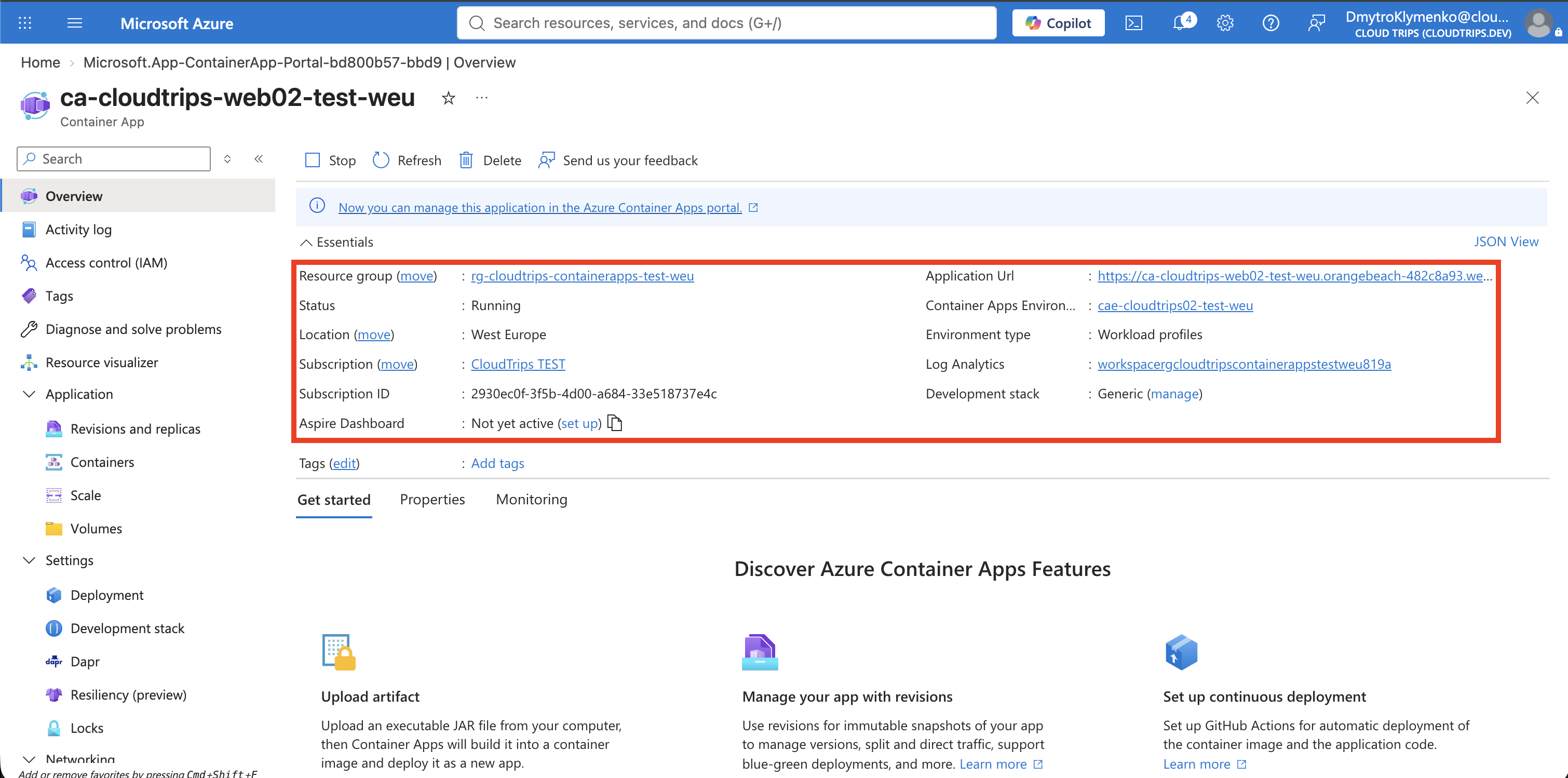 Container-App-Übersicht mit laufender erster Revision und Application URL