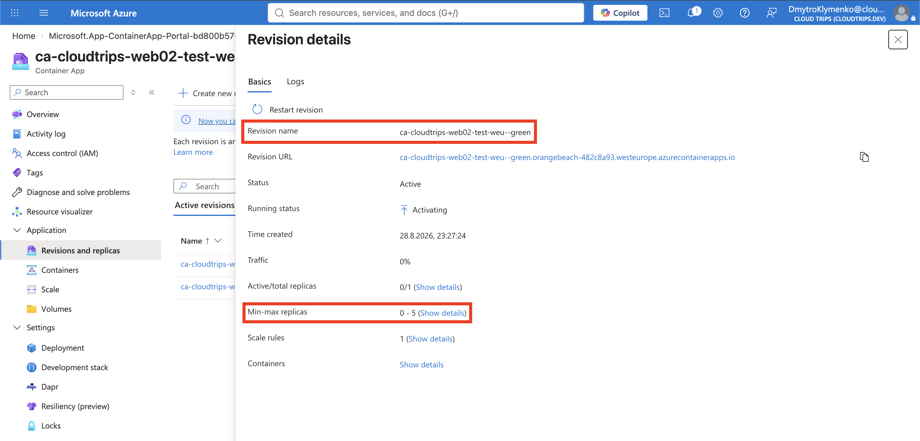 Scale-Seite der neuen Revision mit null bis fünf Replikaten und HTTP-Concurrency-Regel