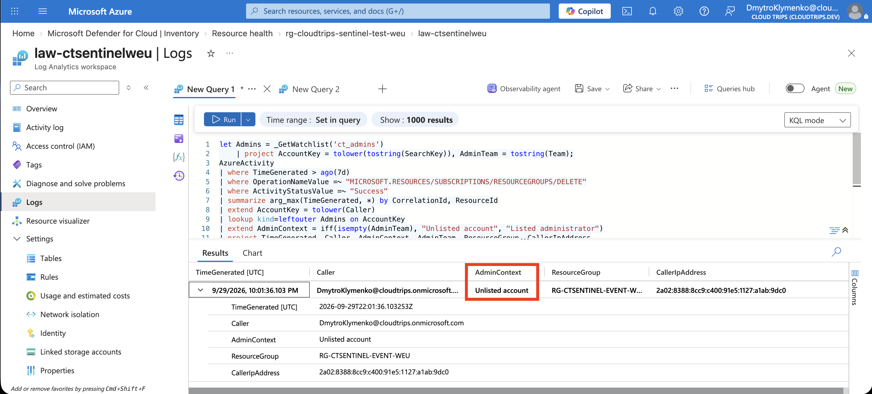 Query results showing resource-group deletion events enriched with administrator context and team