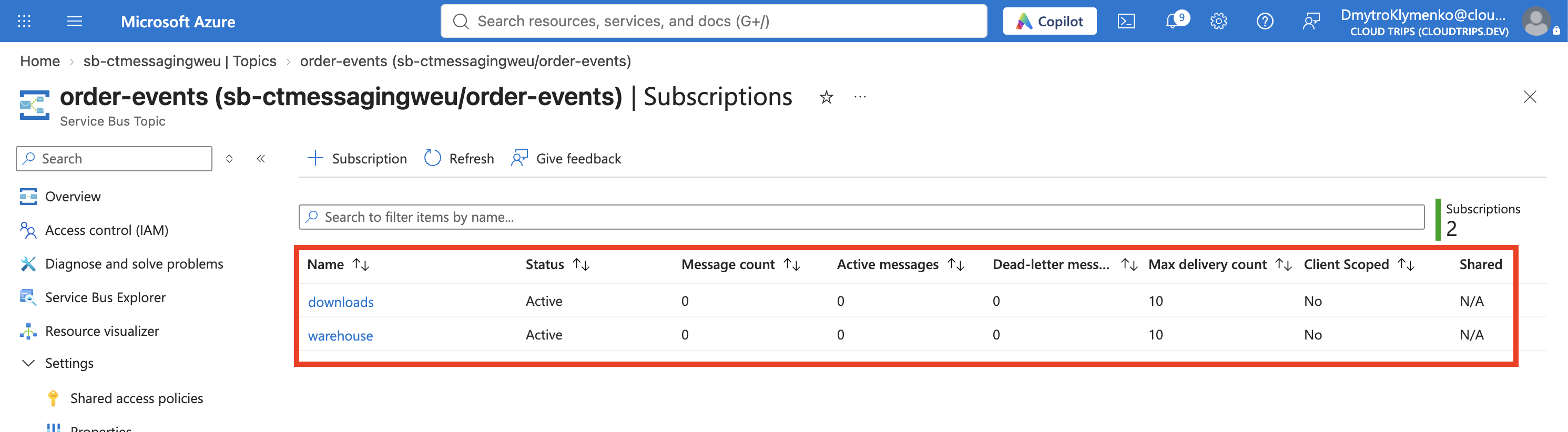 The order-events topic with warehouse and downloads listed under Subscriptions.