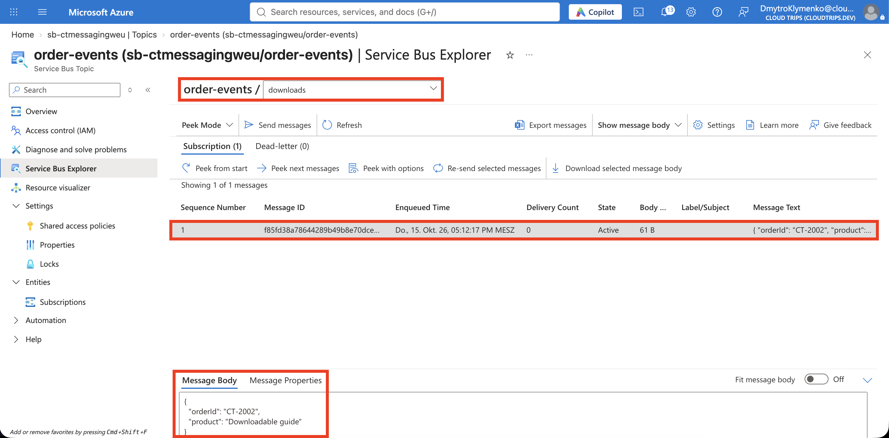 The downloads subscription selected in Explorer, showing only CT-2002 and its body.