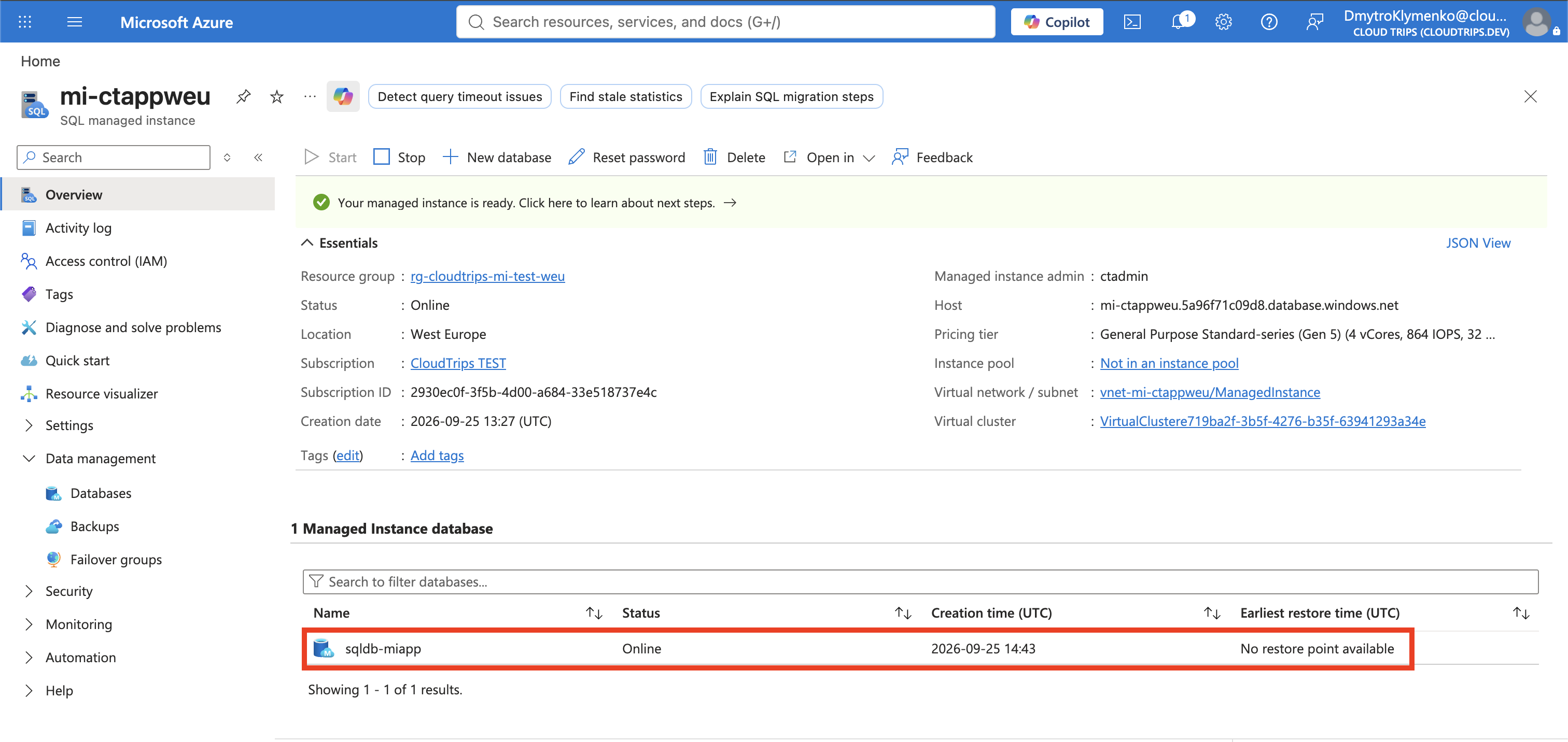 Managed Instance database list showing sqldb-miapp with Online status