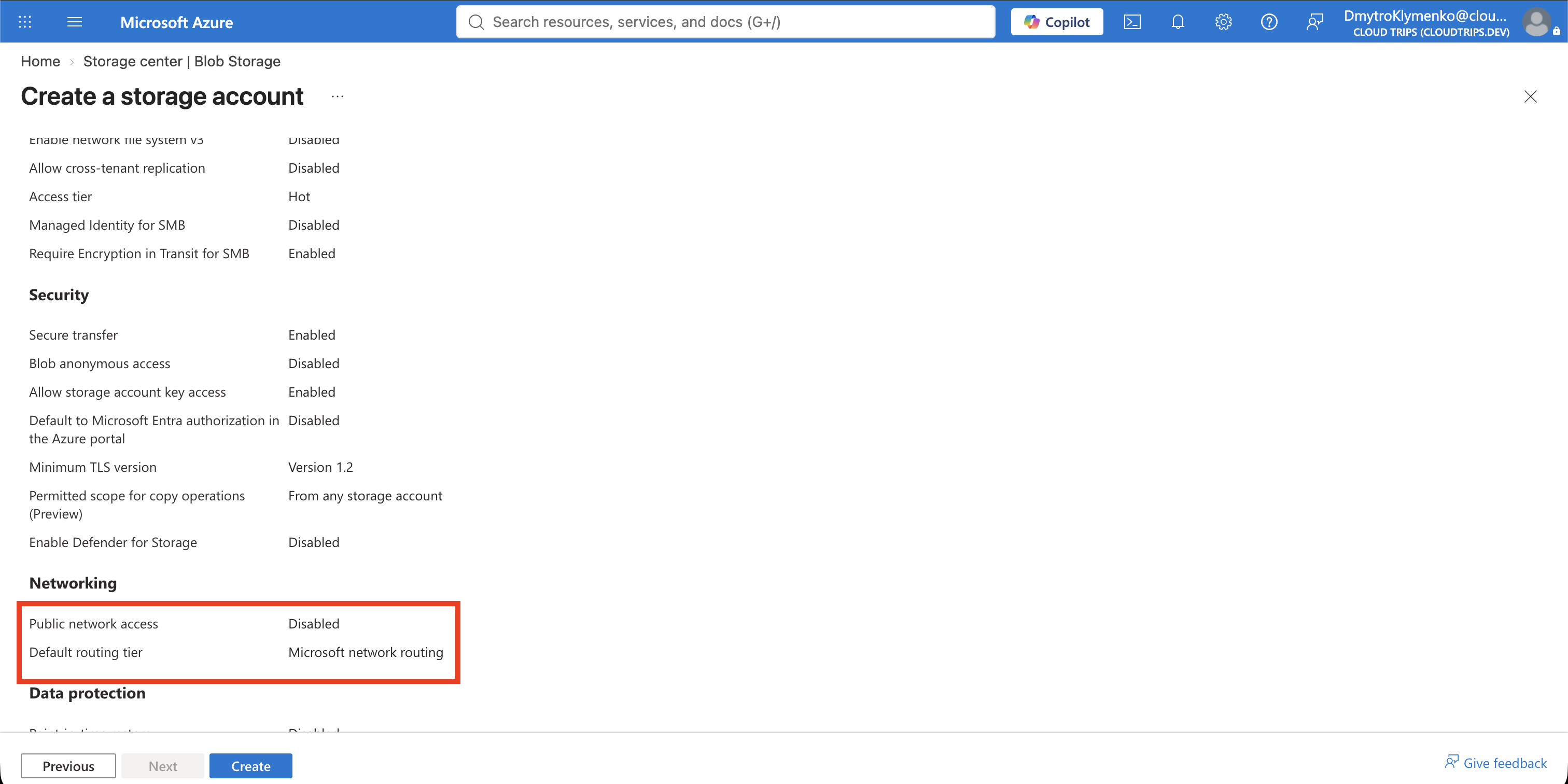 Erstellung des Azure Storage Accounts mit deaktiviertem Public Network Access