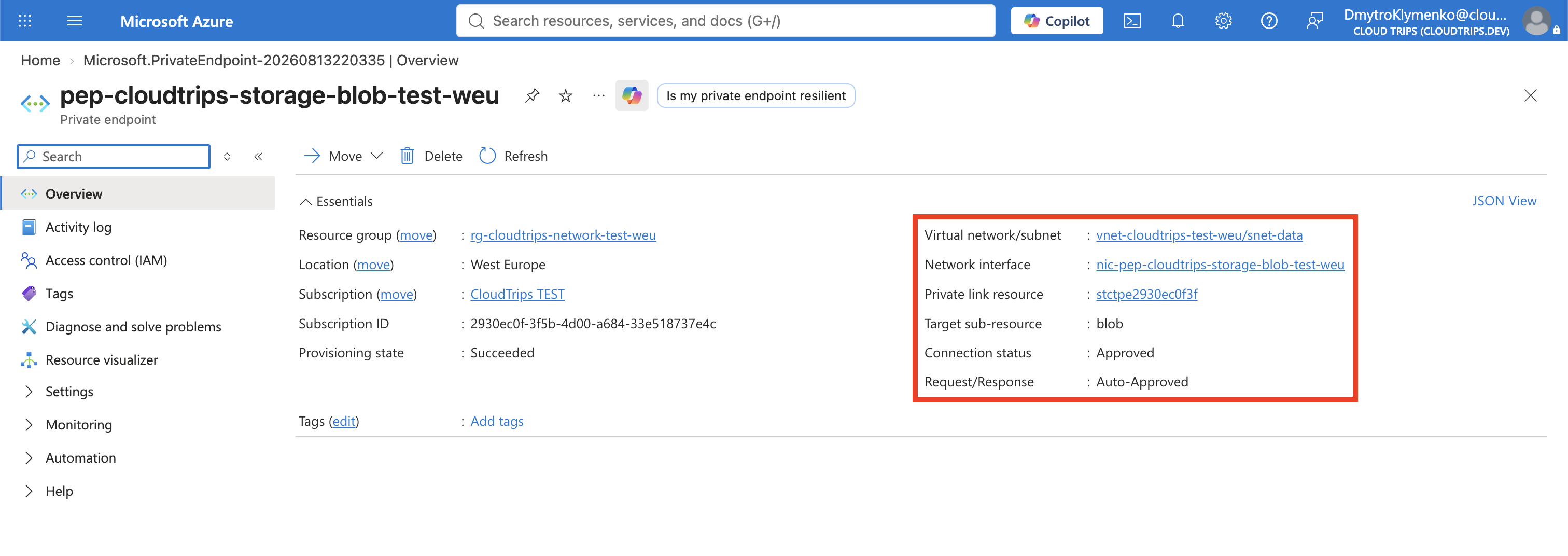 Genehmigter Blob Private Endpoint mit snet-data und Private-DNS-Integration