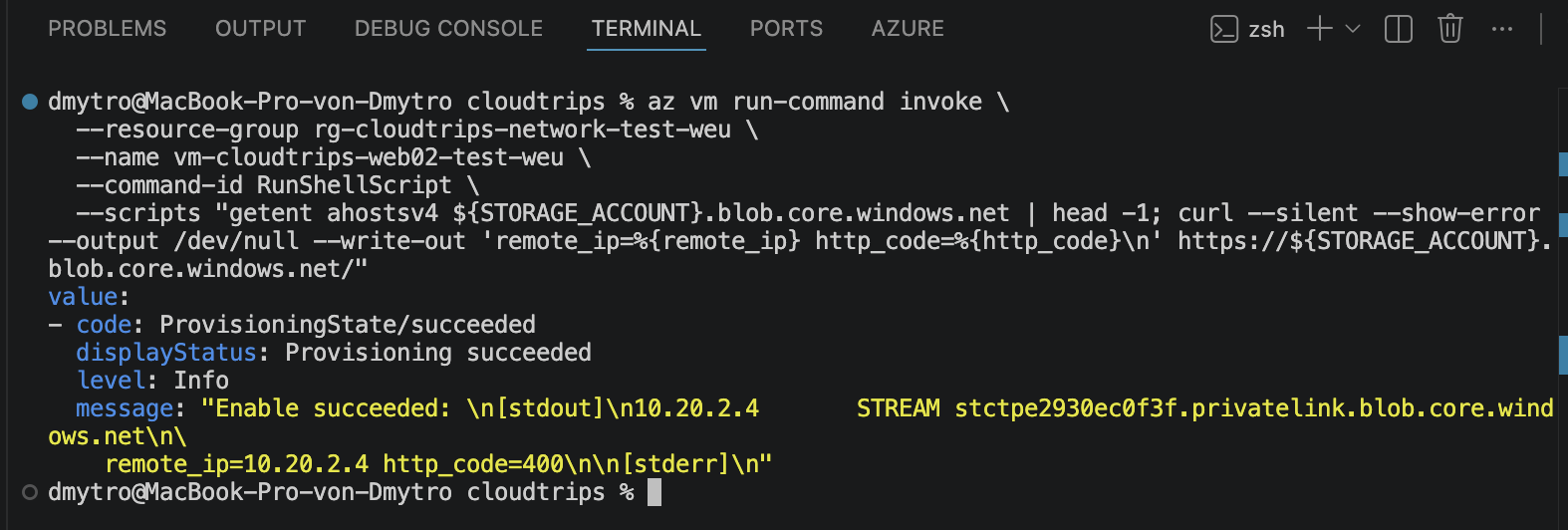 WEB02 löst den Storage-Blob-Endpunkt zur privaten IP-Adresse auf und verbindet sich