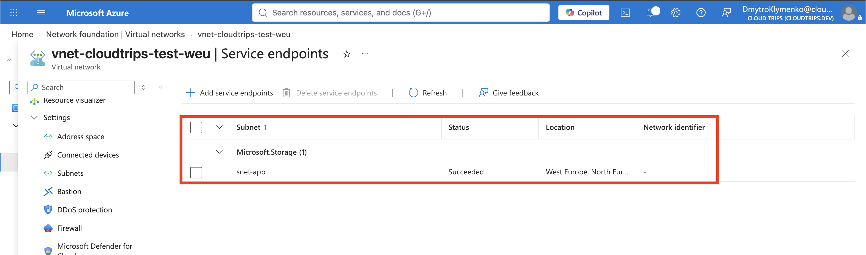 Microsoft.Storage Service Endpoint im CloudTrips-Anwendungssubnetz aktiviert