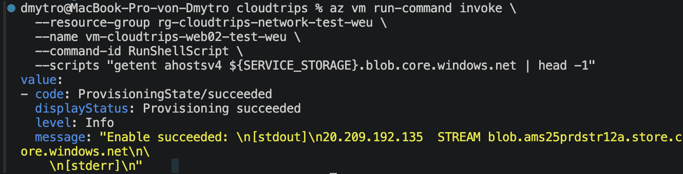 WEB02 löst den Service-Endpoint-Storage-Hostnamen zu einer öffentlichen Azure-Adresse auf