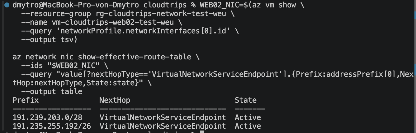 Effektive WEB02-Routen zeigen VirtualNetworkServiceEndpoint als Next Hop