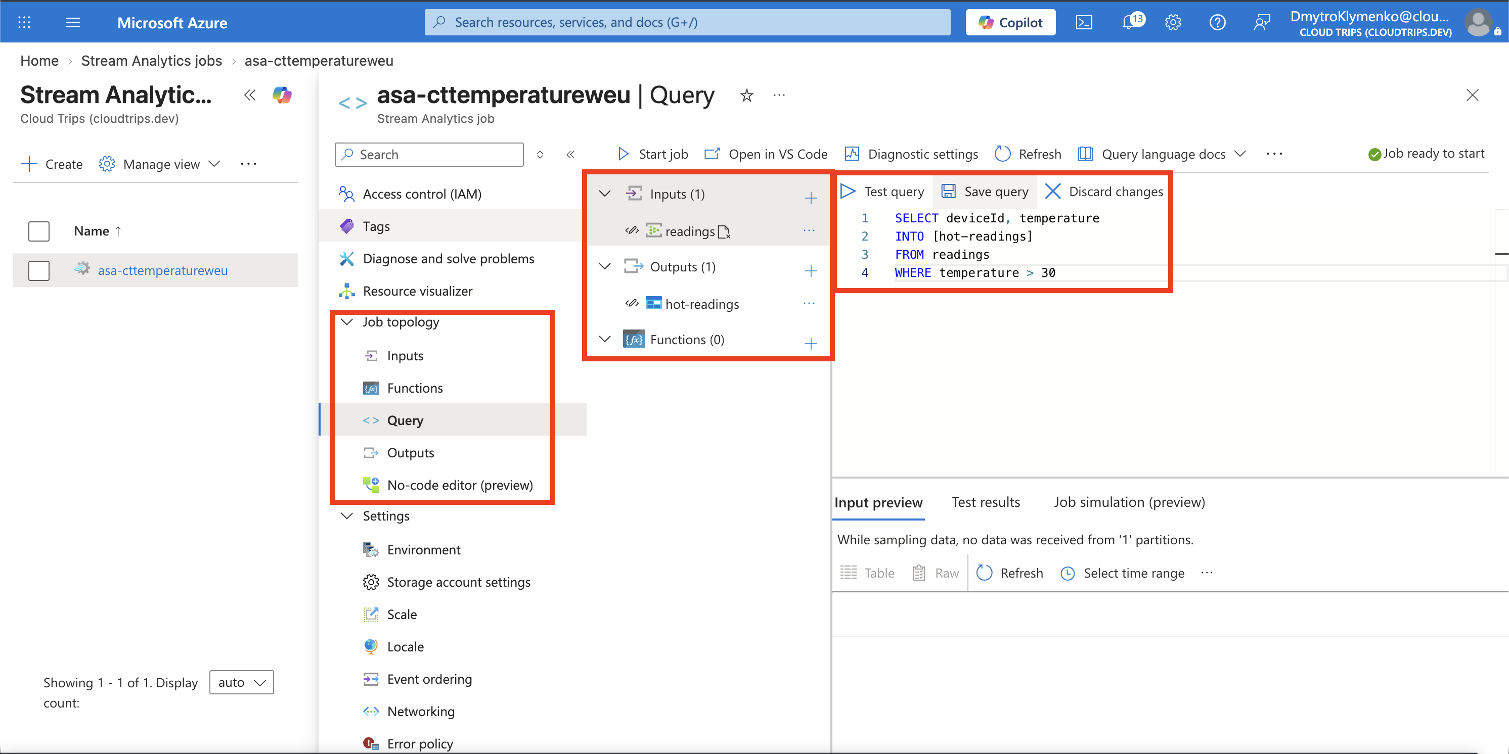 Stream Analytics query editor showing the readings input, hot-readings output, and temperature filter