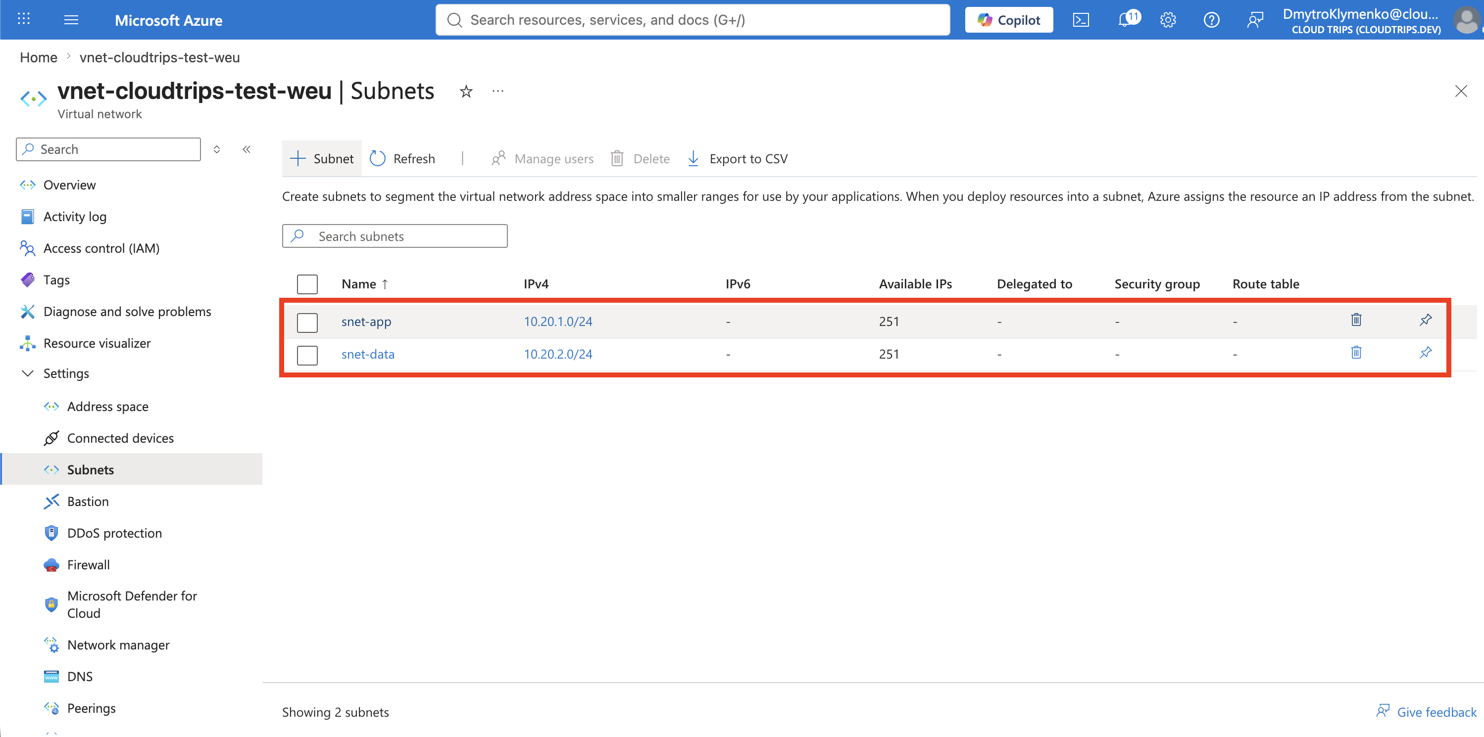 CloudTrips-TEST-VNet mit getrennten Anwendungs- und Datensubnetzen
