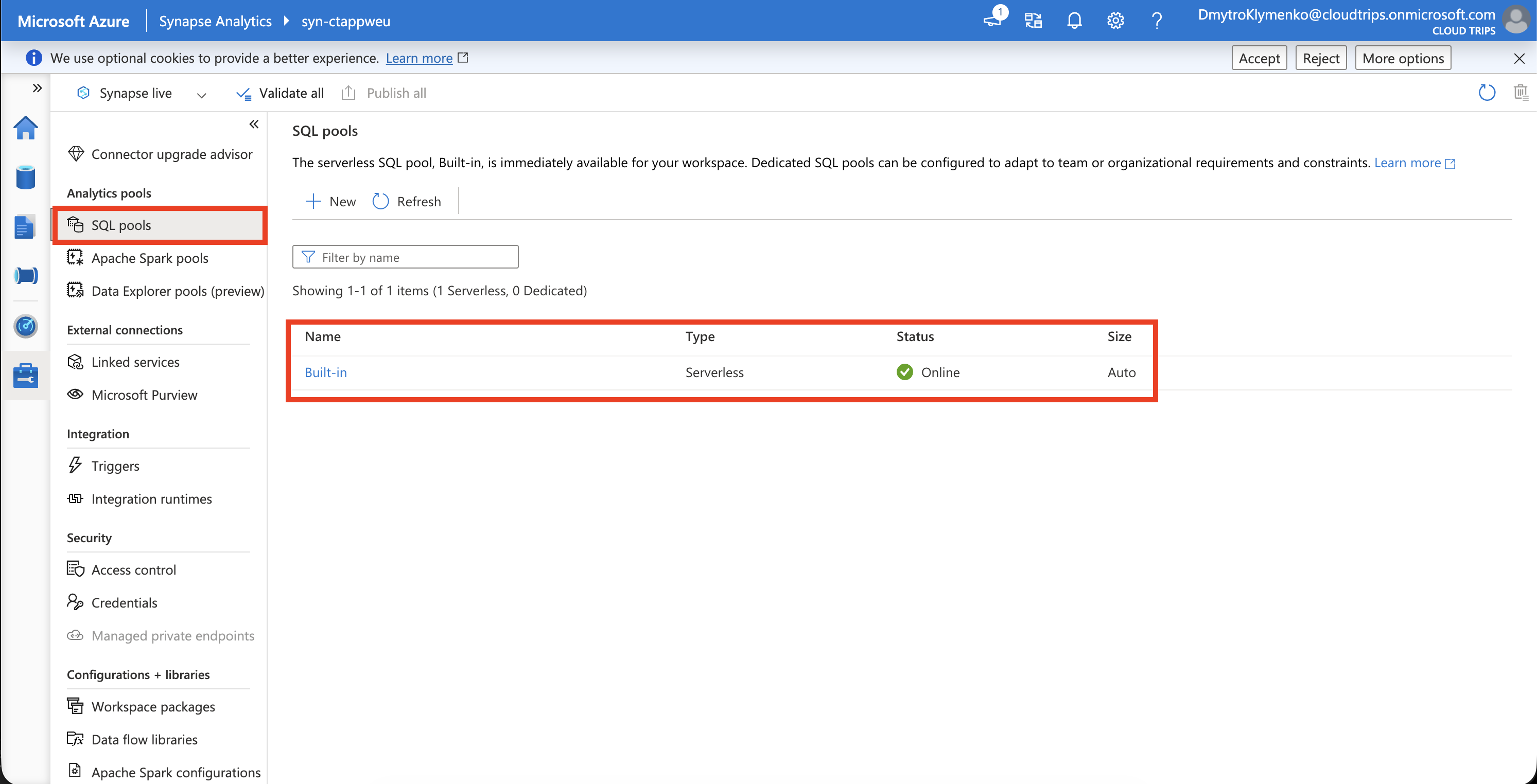 Synapse Studio SQL pools showing the Built-in serverless SQL pool