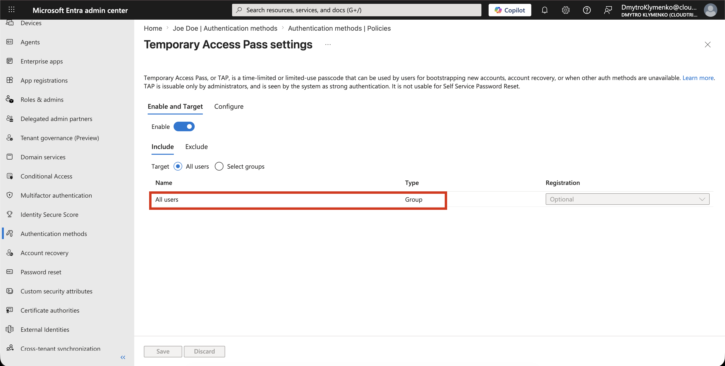 Microsoft Entra Temporary Access Pass Policy aktiviert für ausgewählte Benutzer oder Gruppen