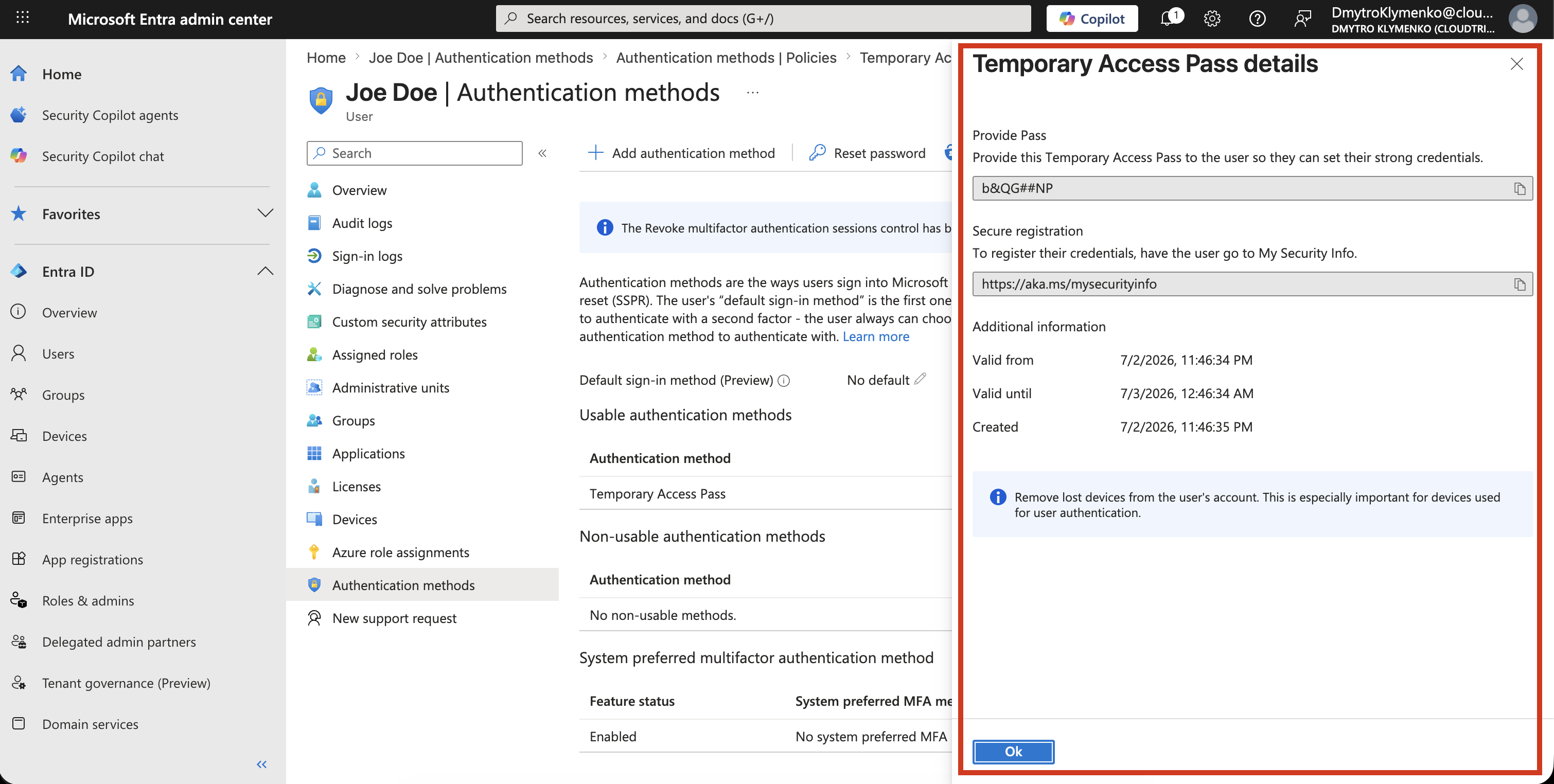 Microsoft Entra Temporary Access Pass für den Benutzer erstellt mit generiertem temporärem Pass