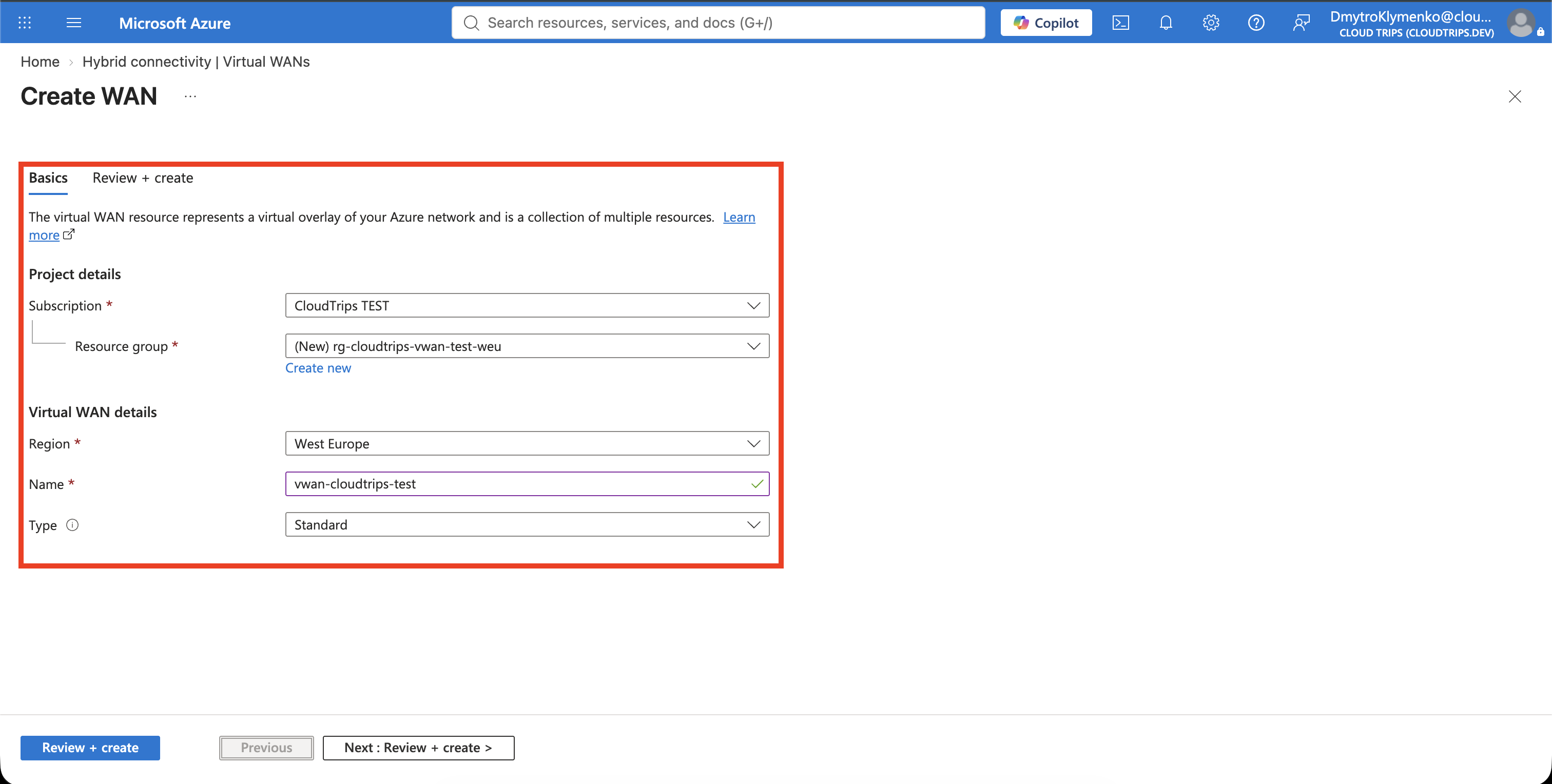 Seite Create WAN mit dem CloudTrips Standard Virtual WAN in seiner eigenen Ressourcengruppe