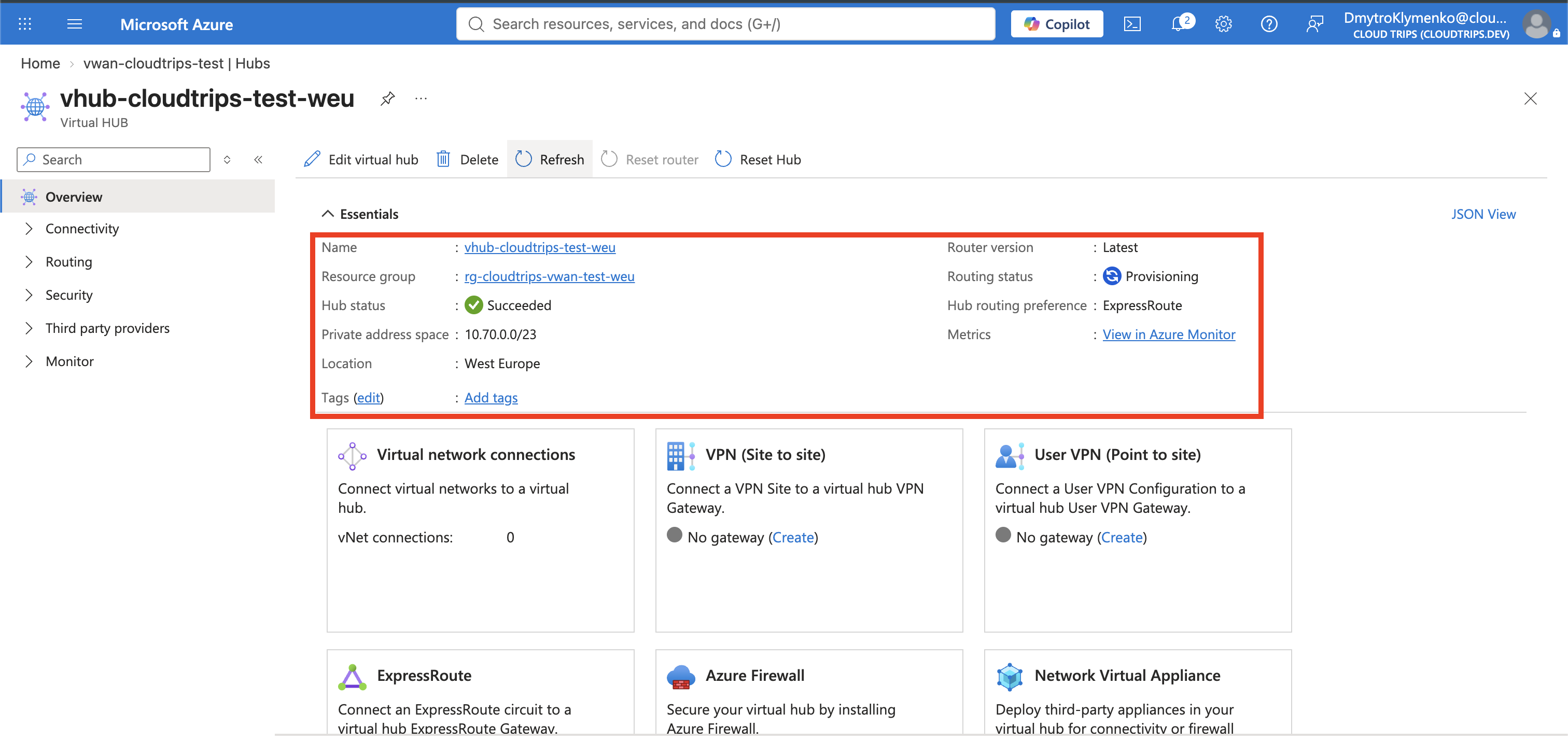 CloudTrips Virtual-WAN-Hub Overview mit bereitem West-Europe-Hub und Adressraum 10.70.0.0/23