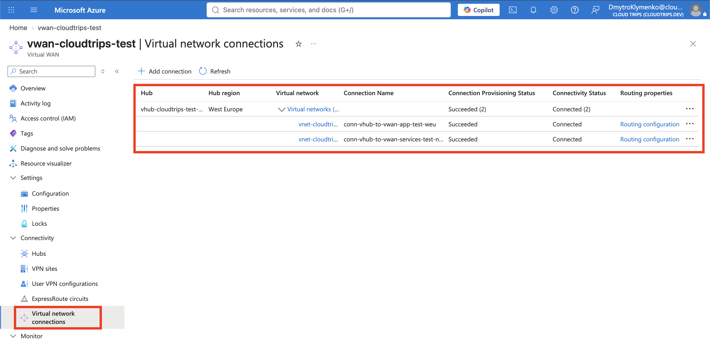 Seite Virtual network connections mit beiden temporären CloudTrips-VNets am verwalteten Hub