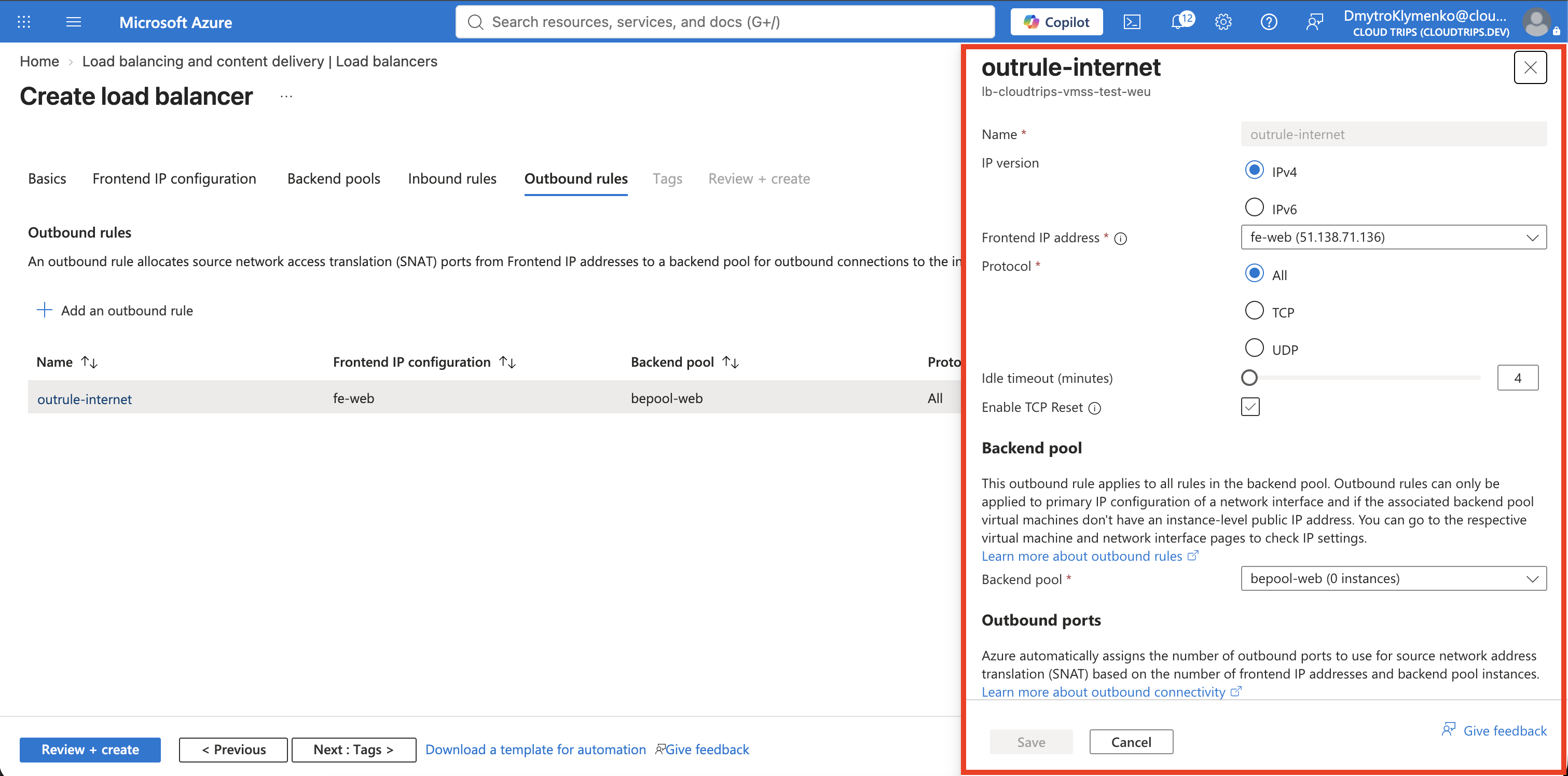 Load Balancer outbound rule providing SNAT connectivity to the backend pool