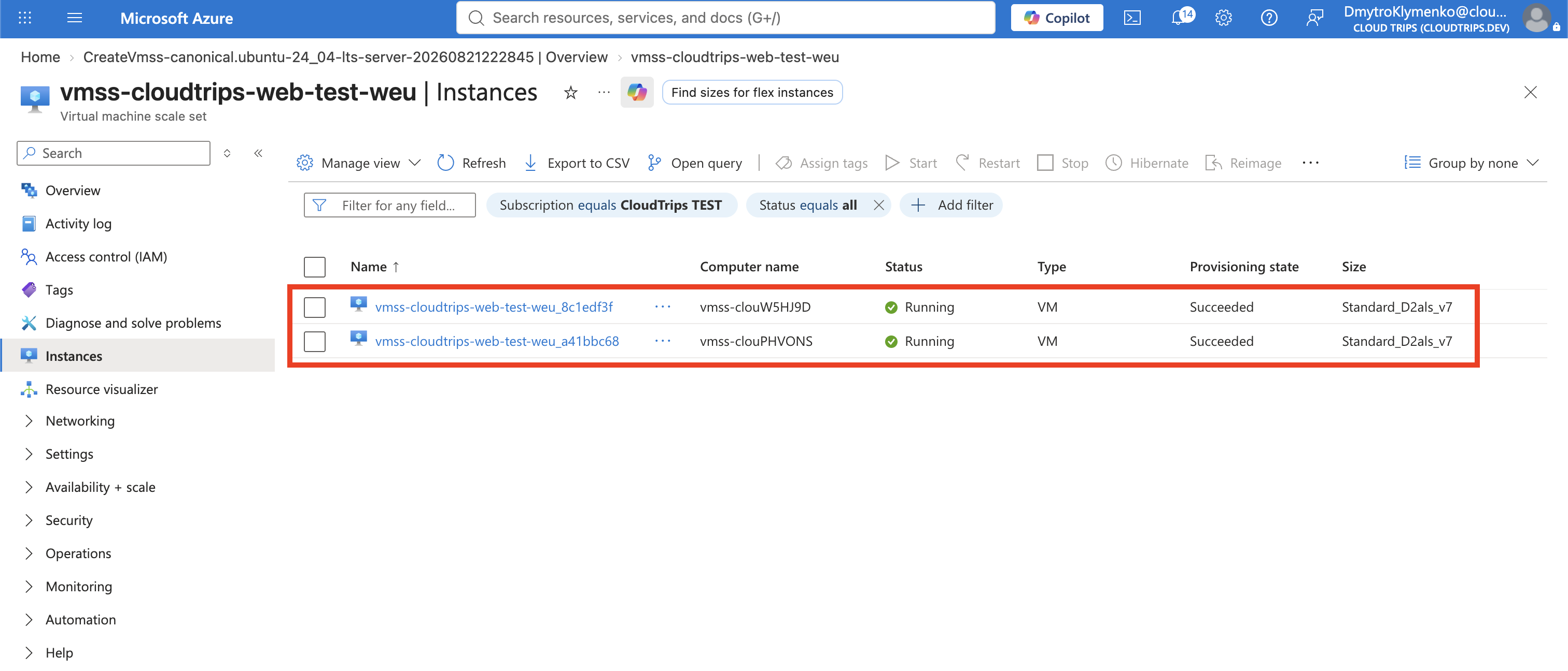 VM Scale Set Instances page showing two running VMs