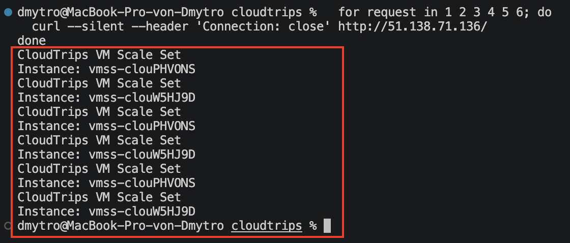Terminal showing HTTP responses from both VM Scale Set instances