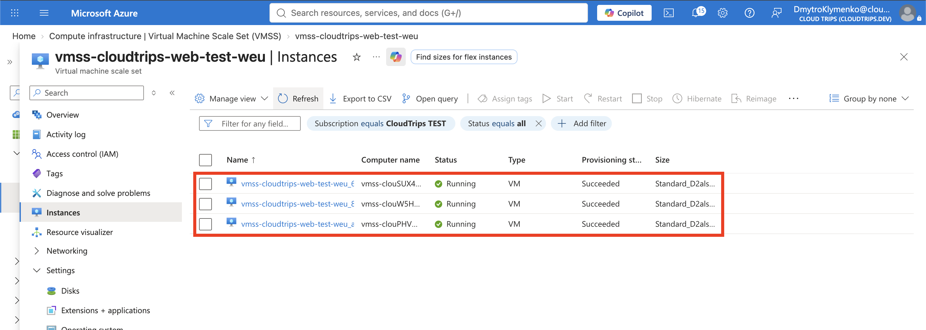 VM Scale Set Instances page showing three running VMs after scale-out