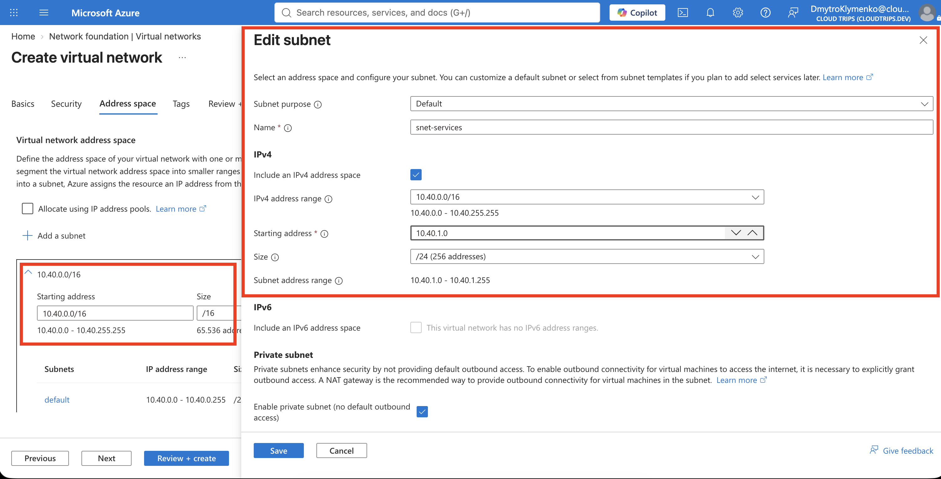 Seite zum Erstellen eines virtuellen Netzwerks mit dem nicht überlappenden CloudTrips-Dienste-VNet-Adressraum und -Subnetz